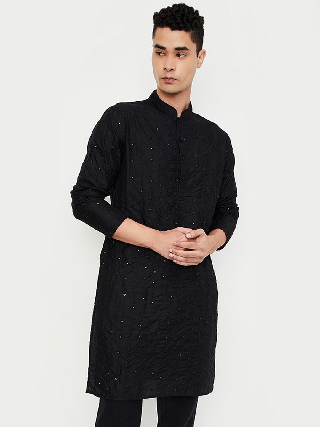 

max Striped Mandarin Collar Sequins Straight Kurta, Black