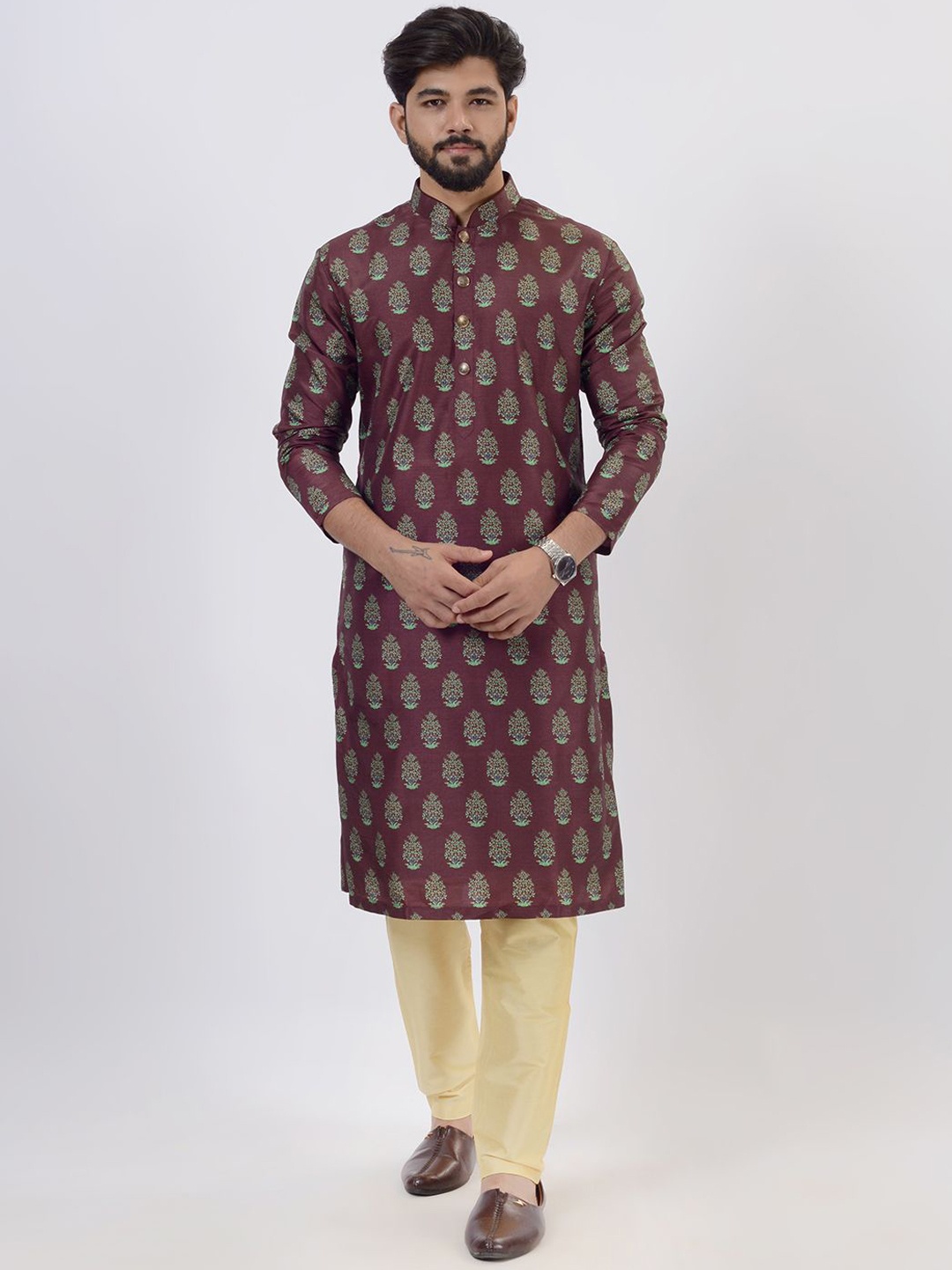 

azania Mandarin Collar Floral Printed Straight Kurta with Trouser, Burgundy