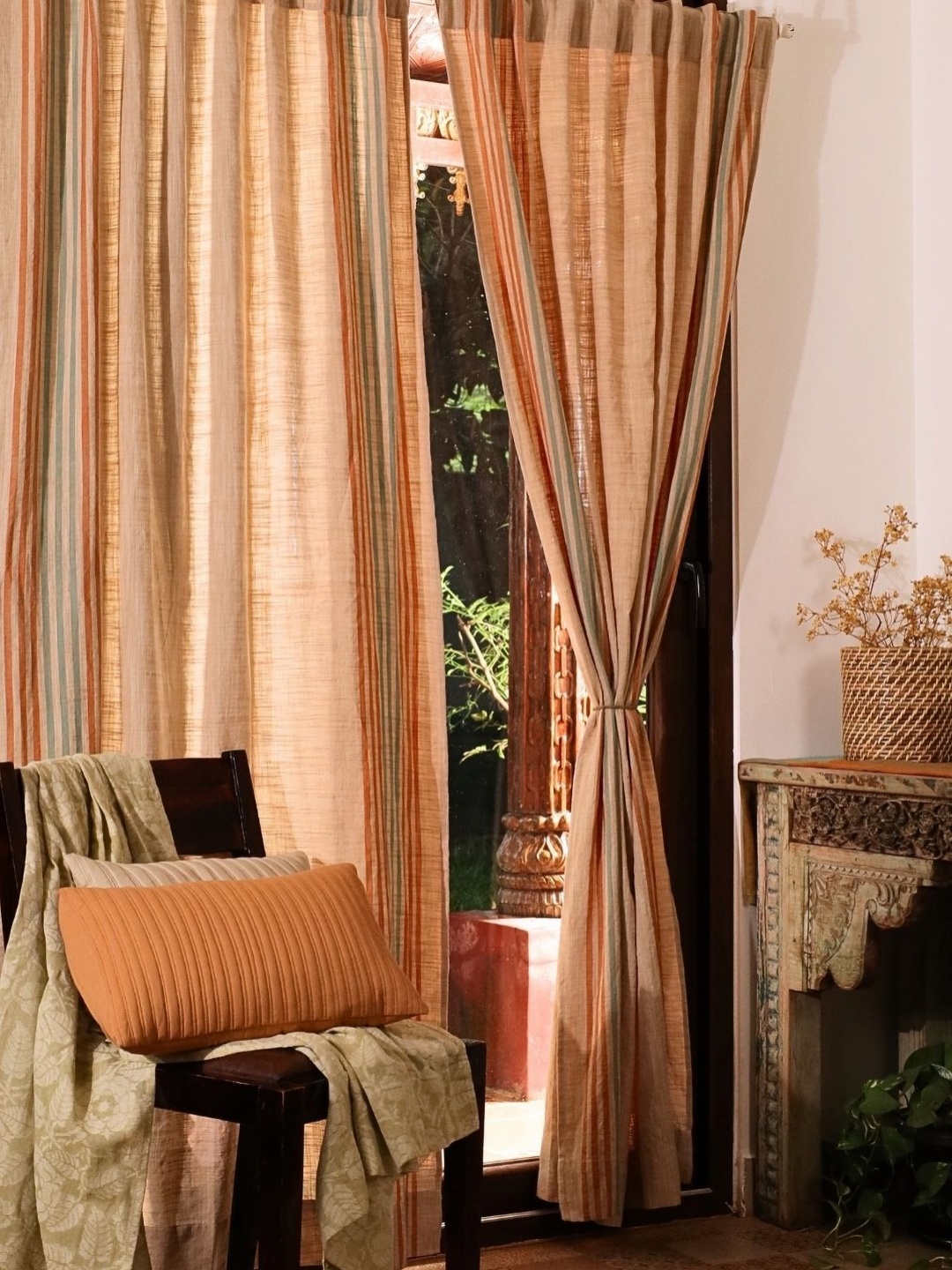 

Peepul Tree Brown 2 Pieces Floral Door Curtain-Cream