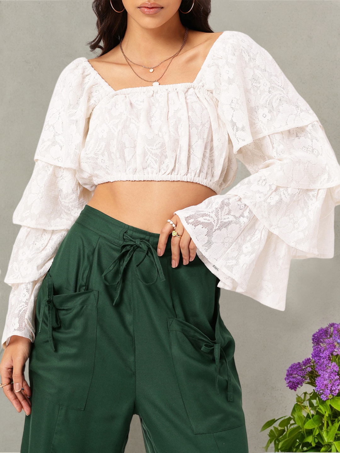 

DressBerry Sassy & Stylish Lace Inserted Layered Bell Sleeves Crop Top, White