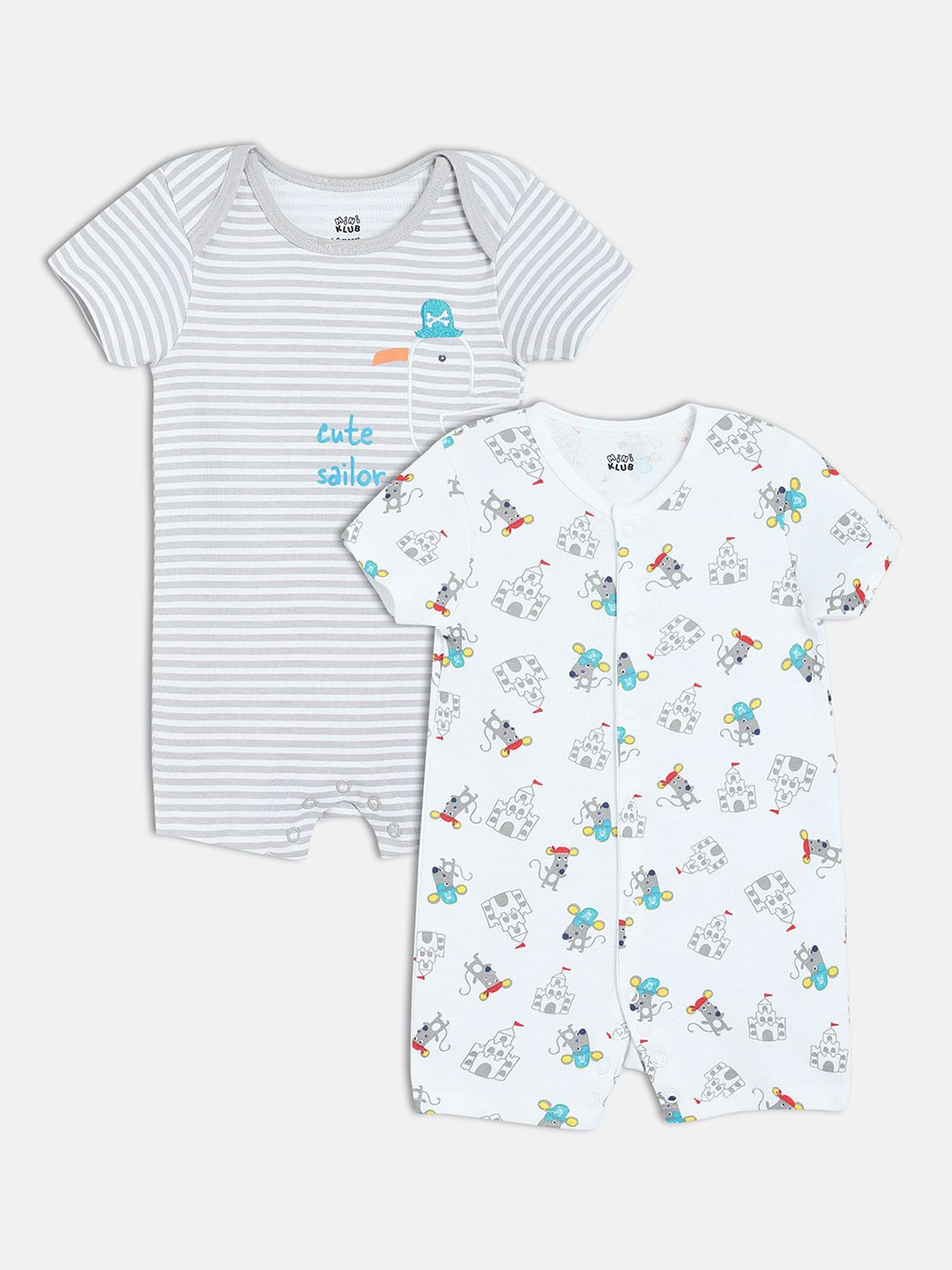 

MINI KLUB Boys Pack Of 2 Printed Rompers, White