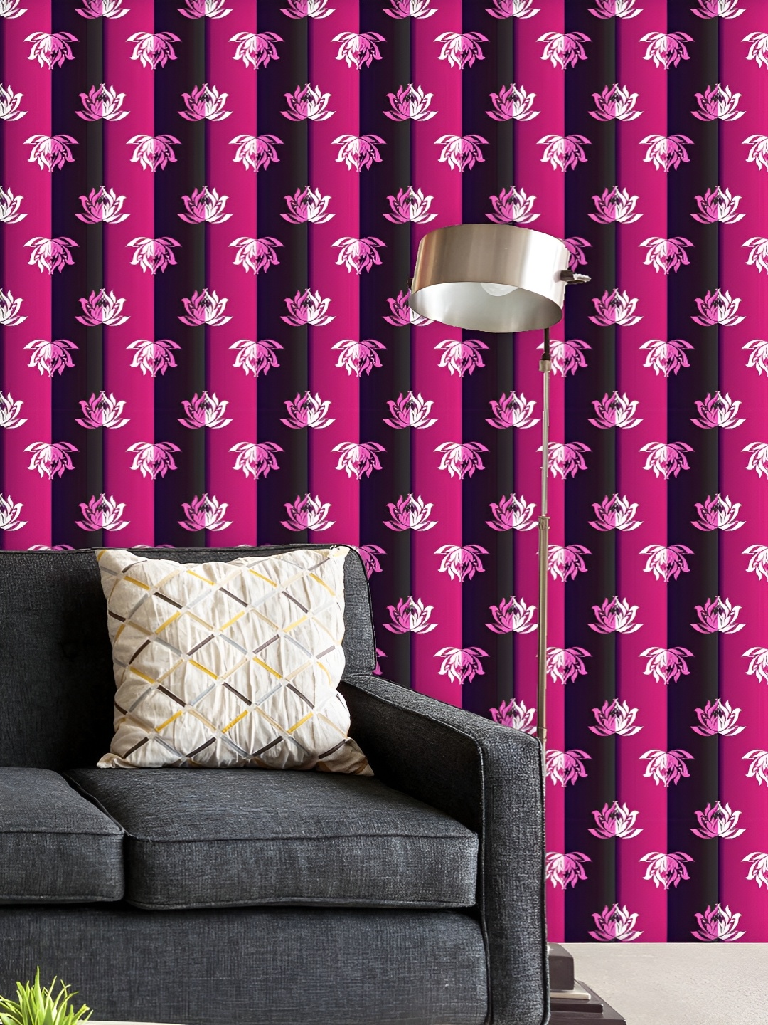 

ArtzFolio Printed UV-Resistant Anti-Bacterial Lotus Flowers On Stripes Peel & Stick Wallpaper, Multi