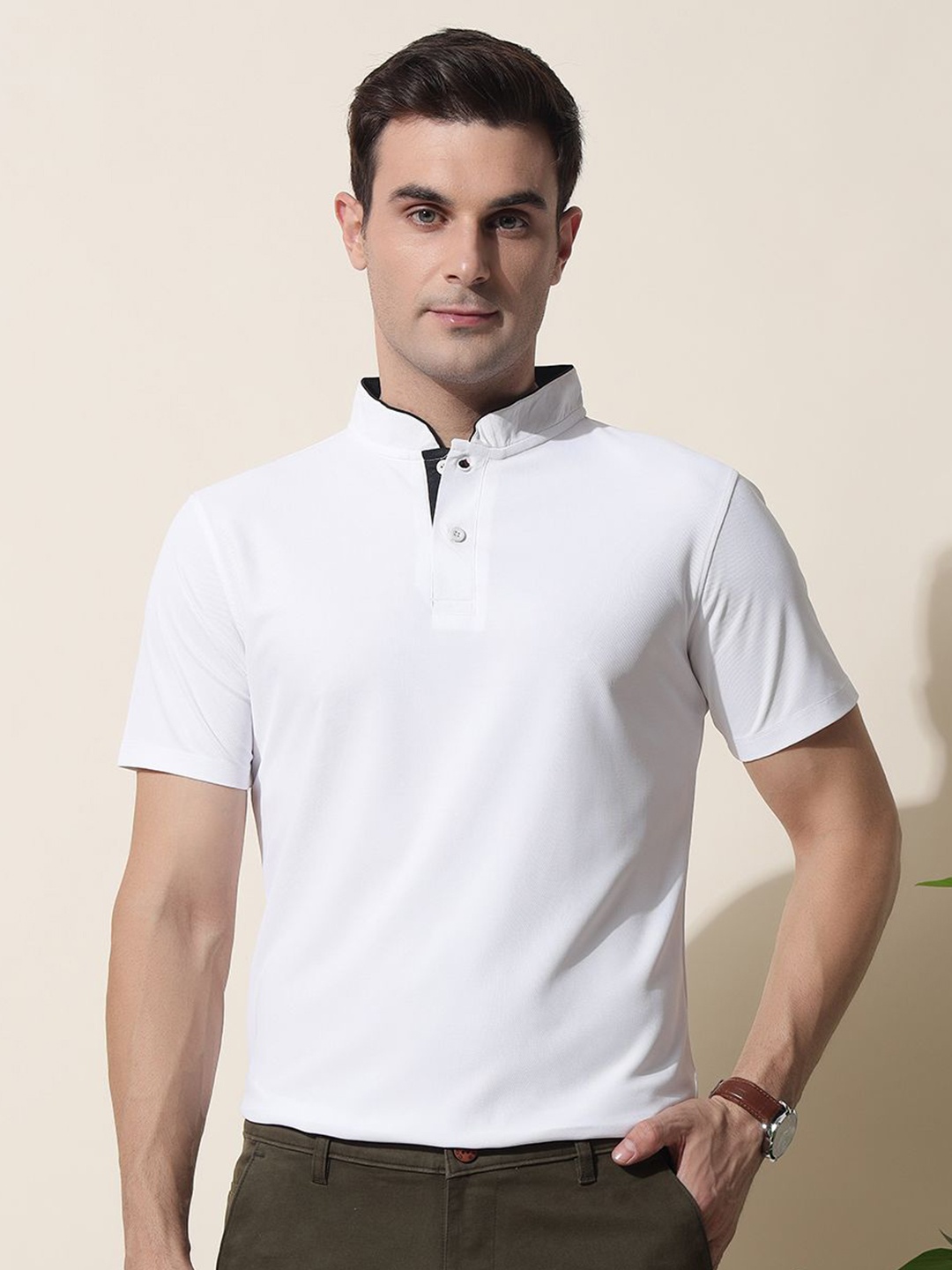 

MUWIN Men Mandarin Collar Pockets T-shirt, White