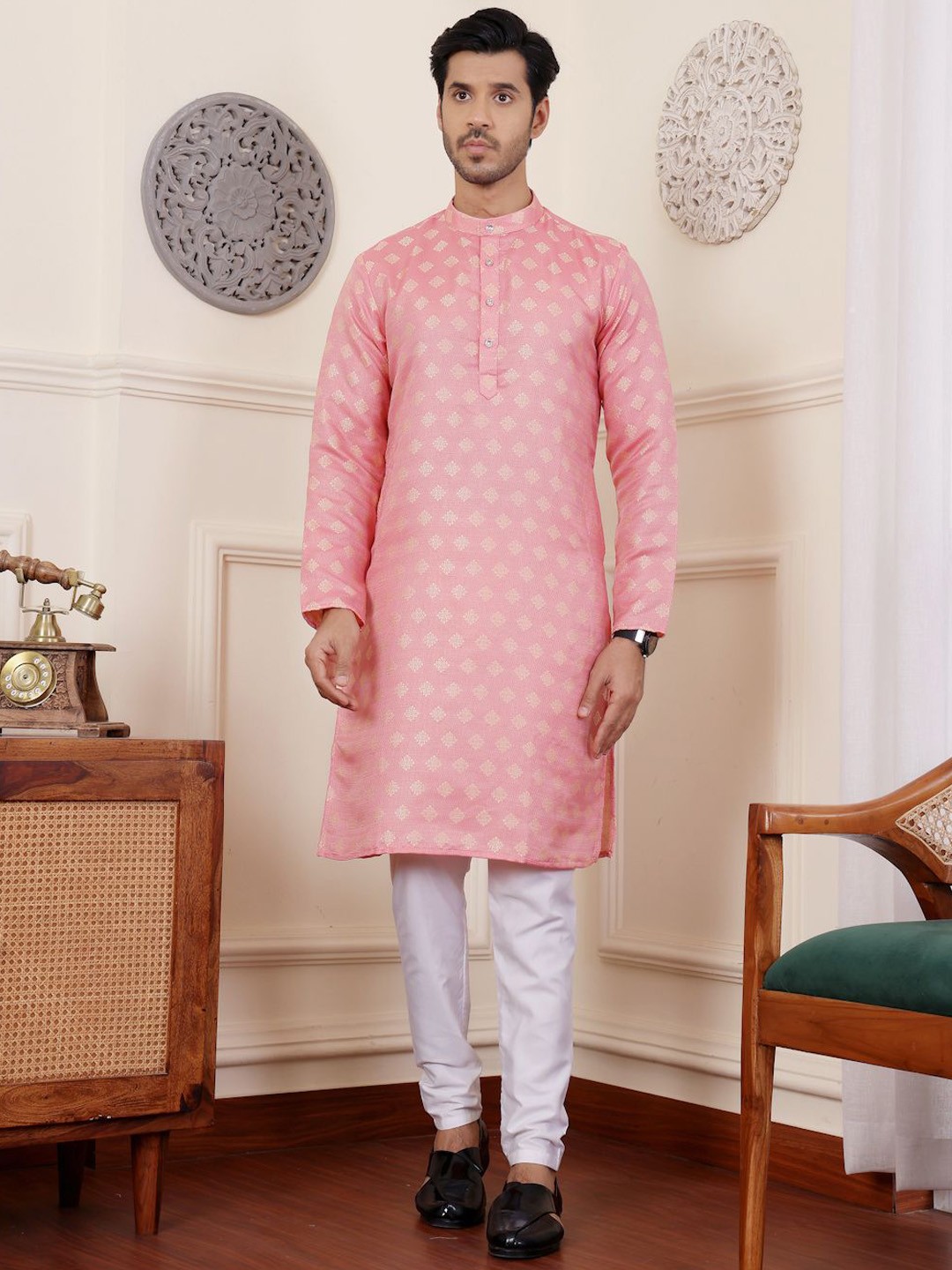 

Rawayi Ethnic Motifs Woven Design Band Collar Jacquard Straight Kurta, Pink