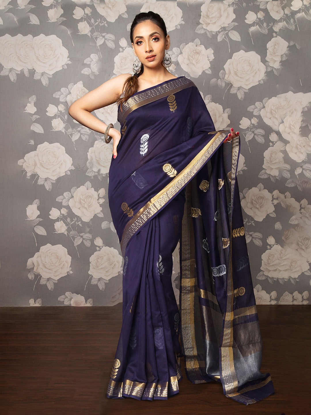 

Unnati Silks Ethnic Motifs Handloom Uppada Saree, Navy blue