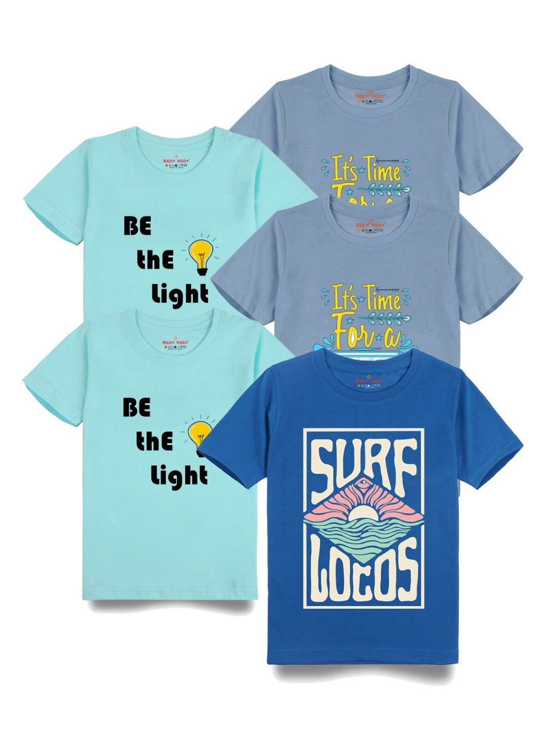

Kiddy Viddy Boys Pack Of 5 Typography Printed Round Neck Cotton T-shirts, Sea green