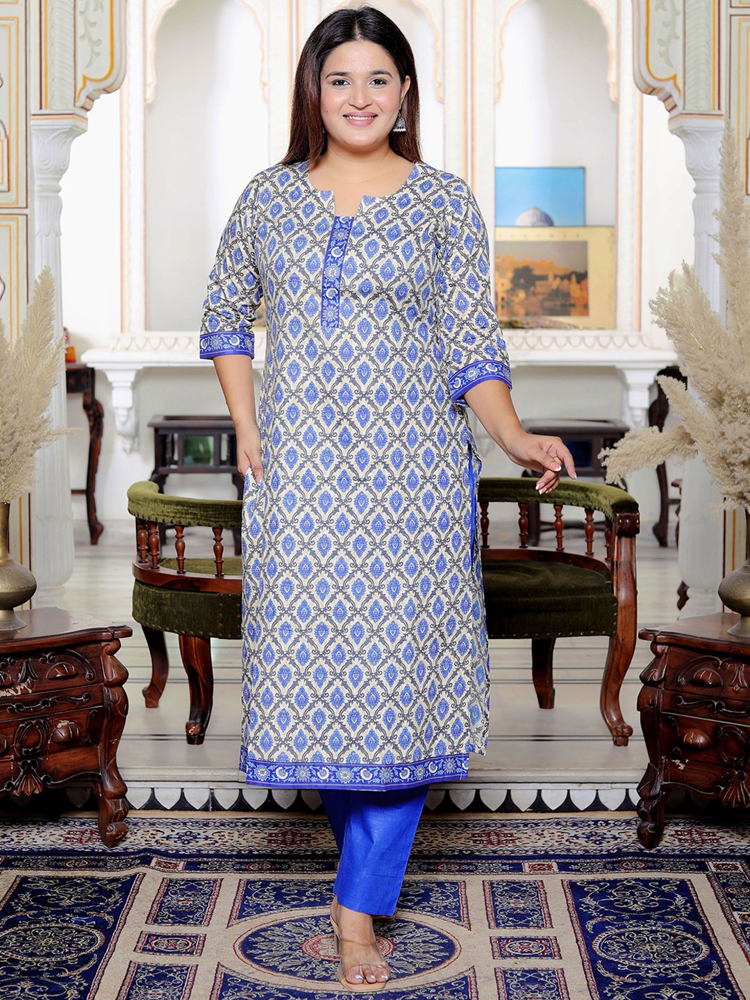 

Jevi Prints Ethnic Motifs Printed Round Neck Three-Quarter Sleeves Pure Cotton Kurta, Blue