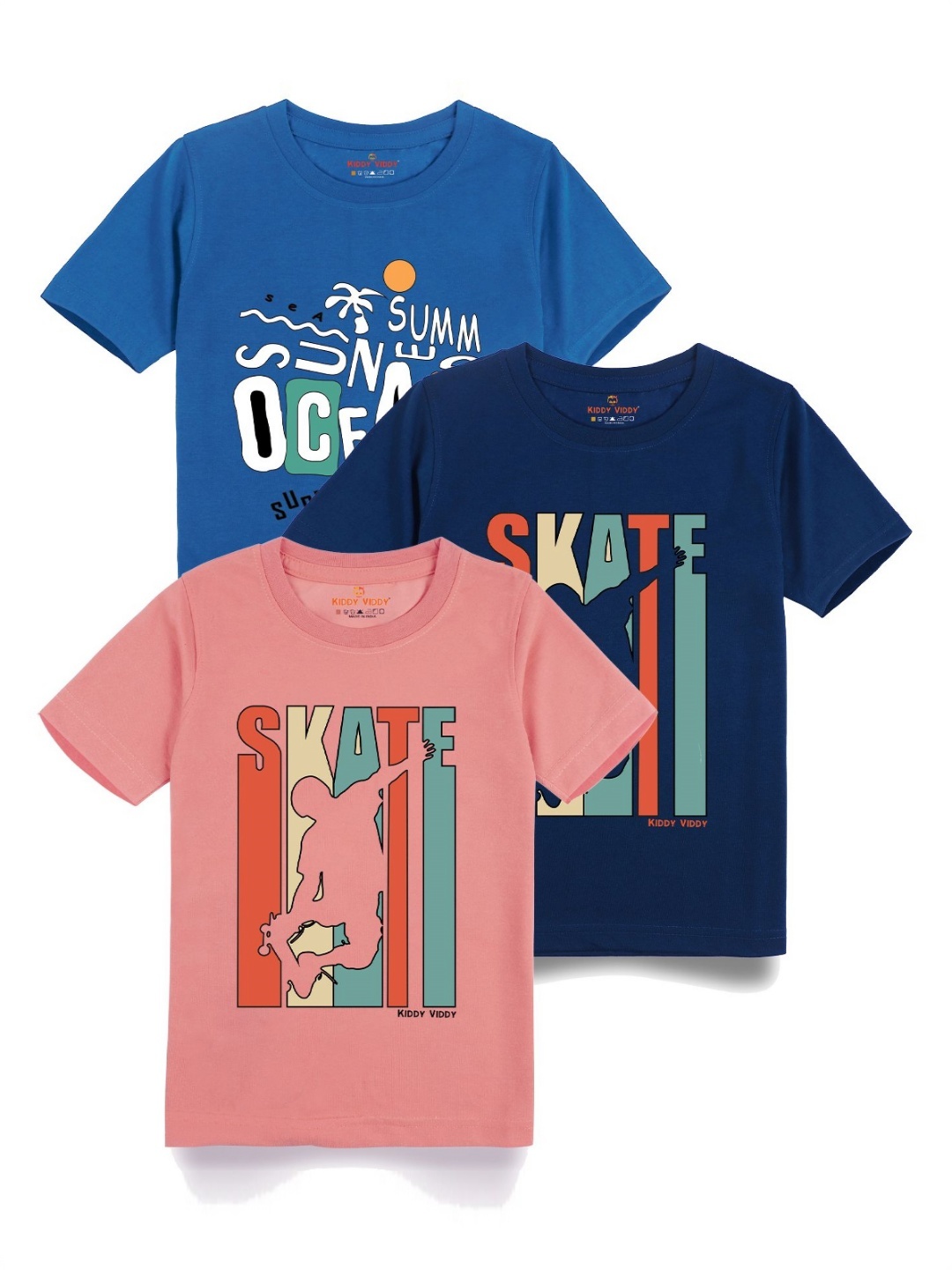 

Kiddy Viddy Boys Pack Of 3 Typography Printed Round Neck Cotton T-shirts, Pink