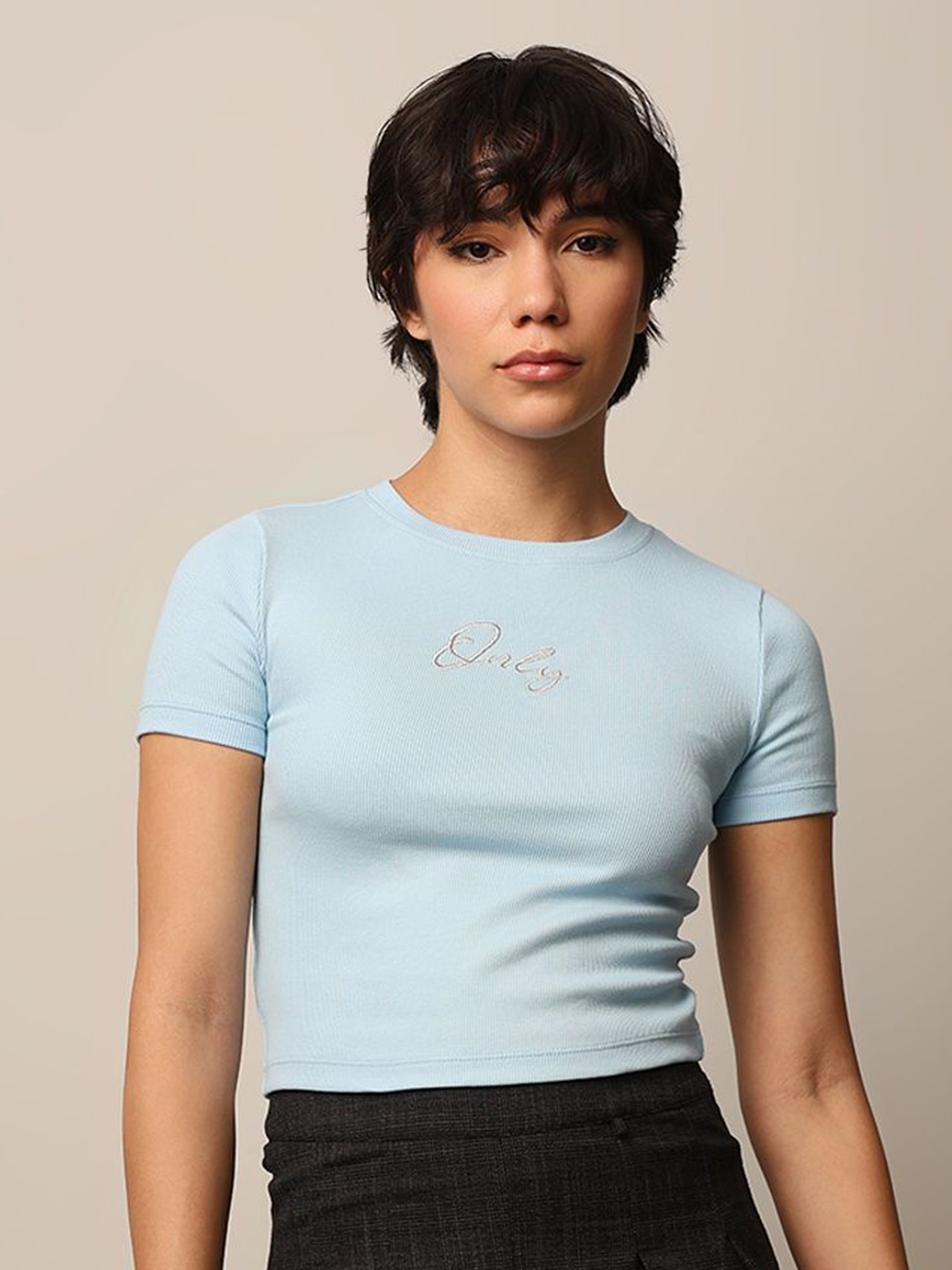 

ONLY Women Brand Logo Applique Slim Fit T-shirt, Blue