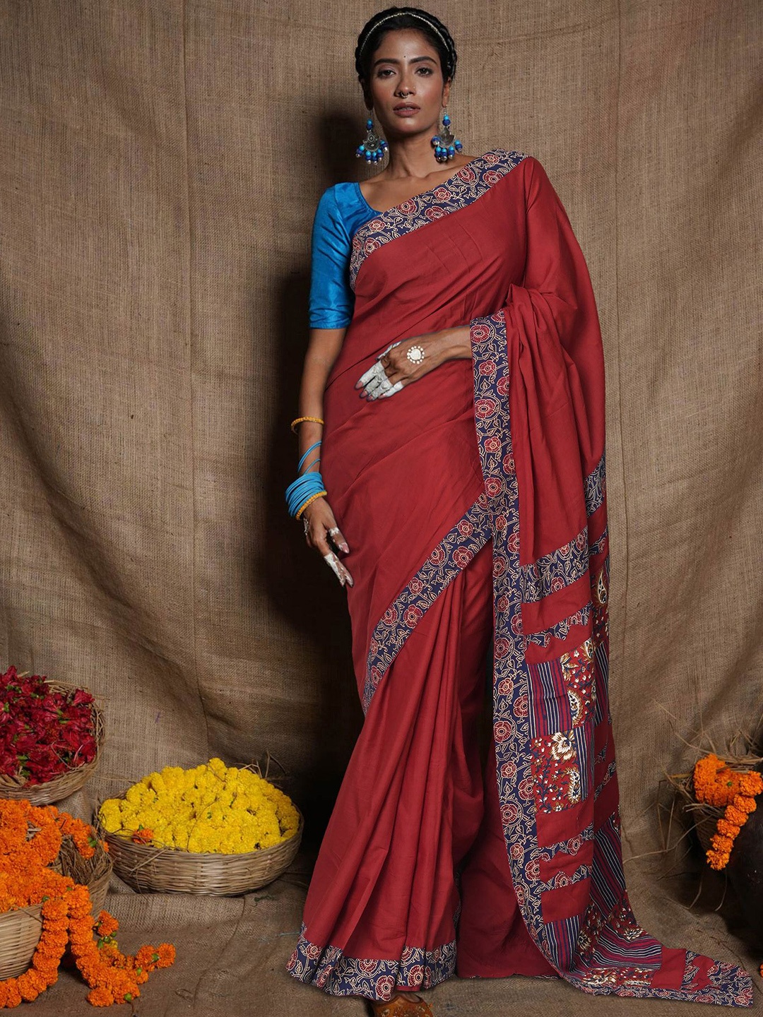 

Unnati Silks Floral Pure Cotton Handloom Block Print Saree, Maroon