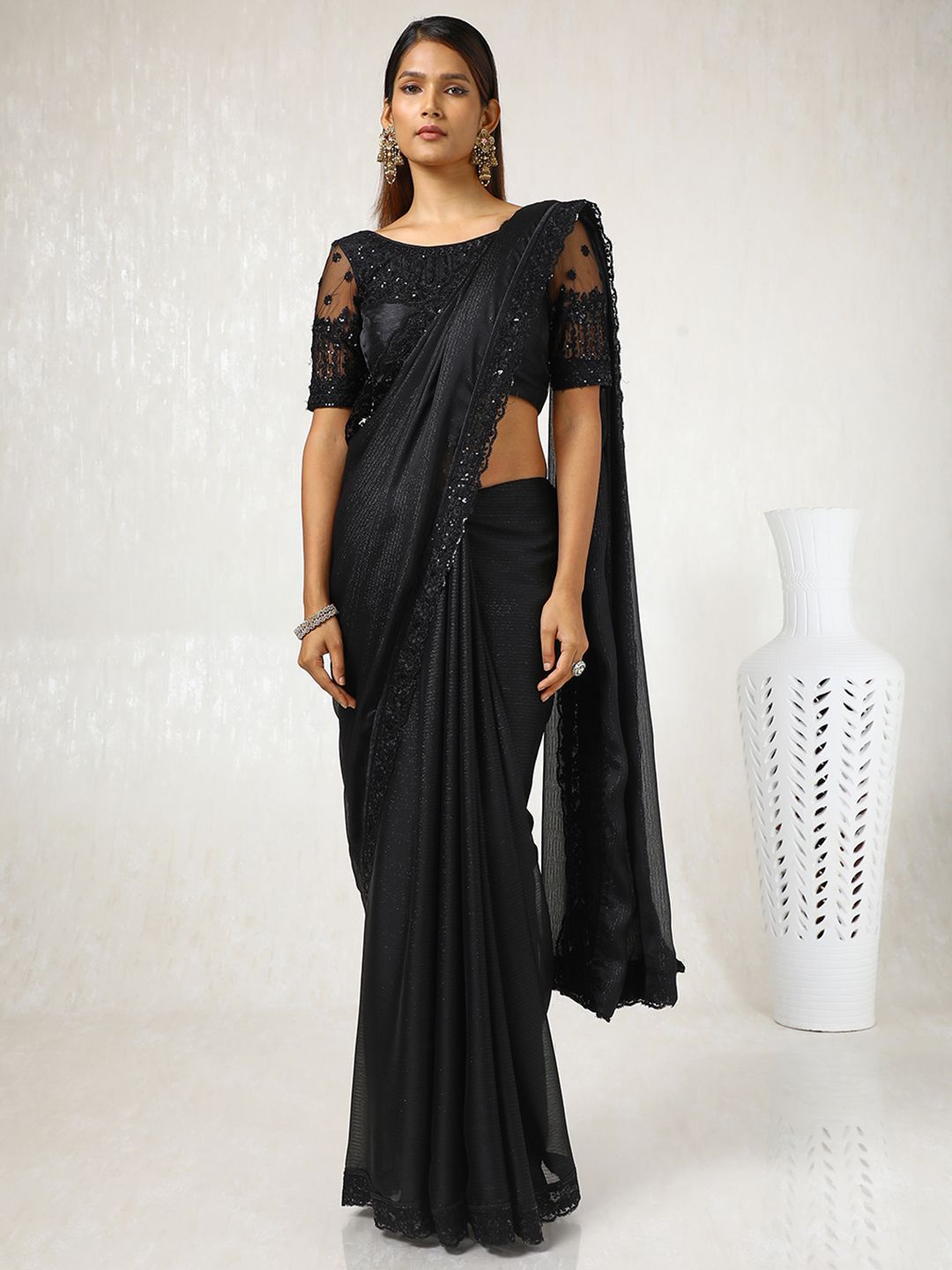 

Soch Striped Embellished Sequinned Pure Chiffon Saree, Black