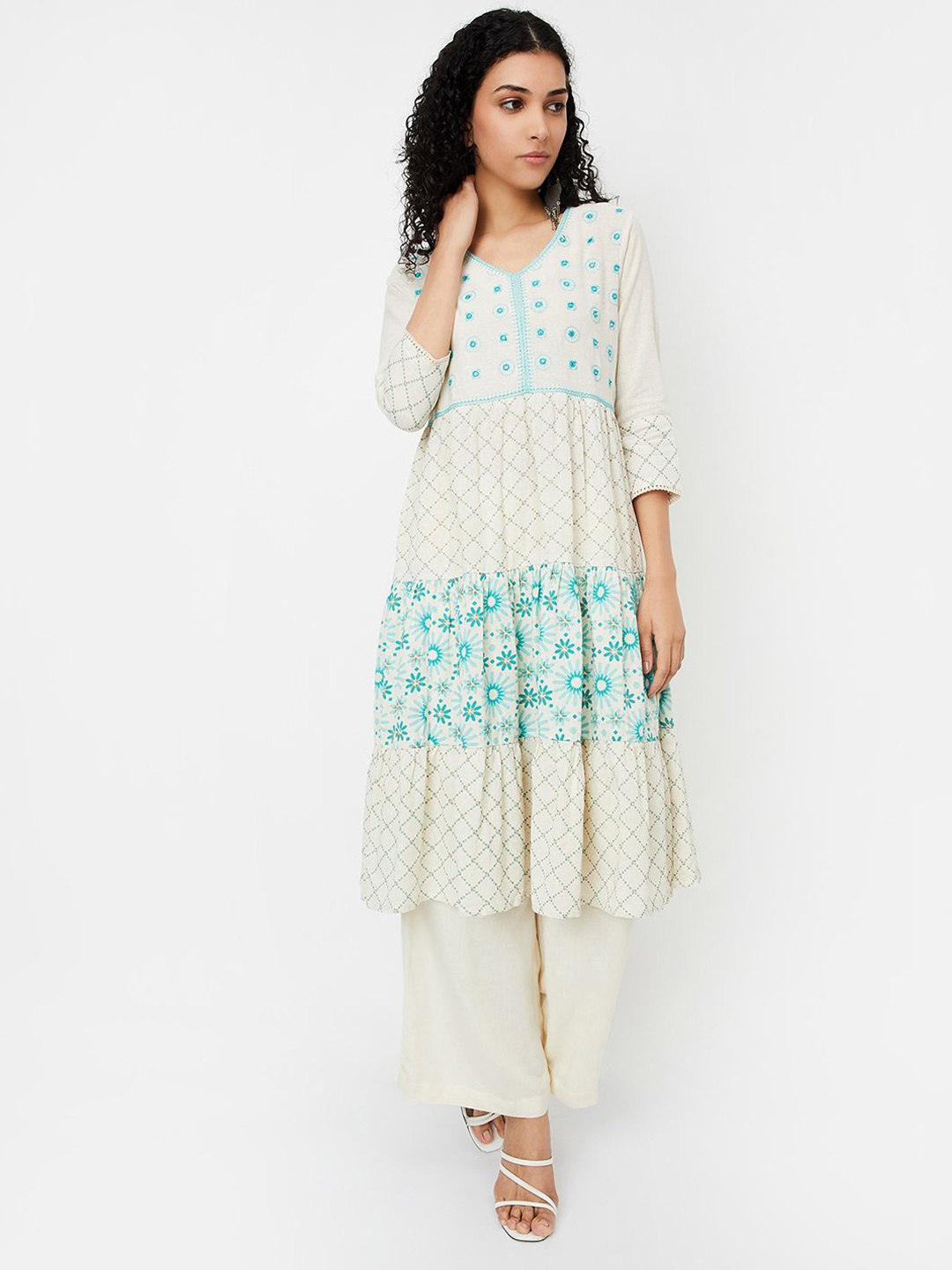 

max Geometric Printed Mirror Work Anarkali Kurta, Blue