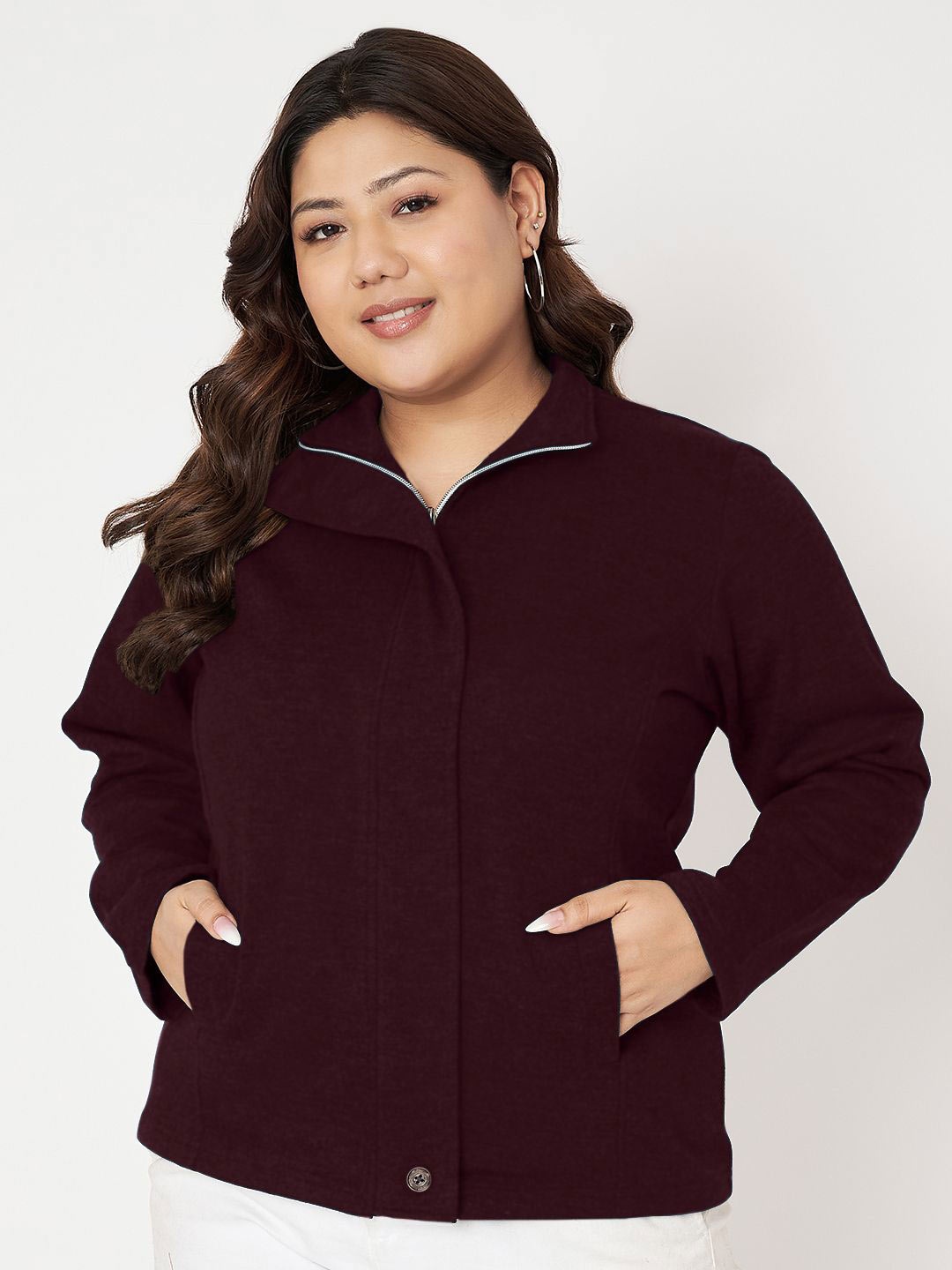 

BRINNS Plus Size Mock Collar Long Sleeves Front-Open Sweatshirt, Burgundy