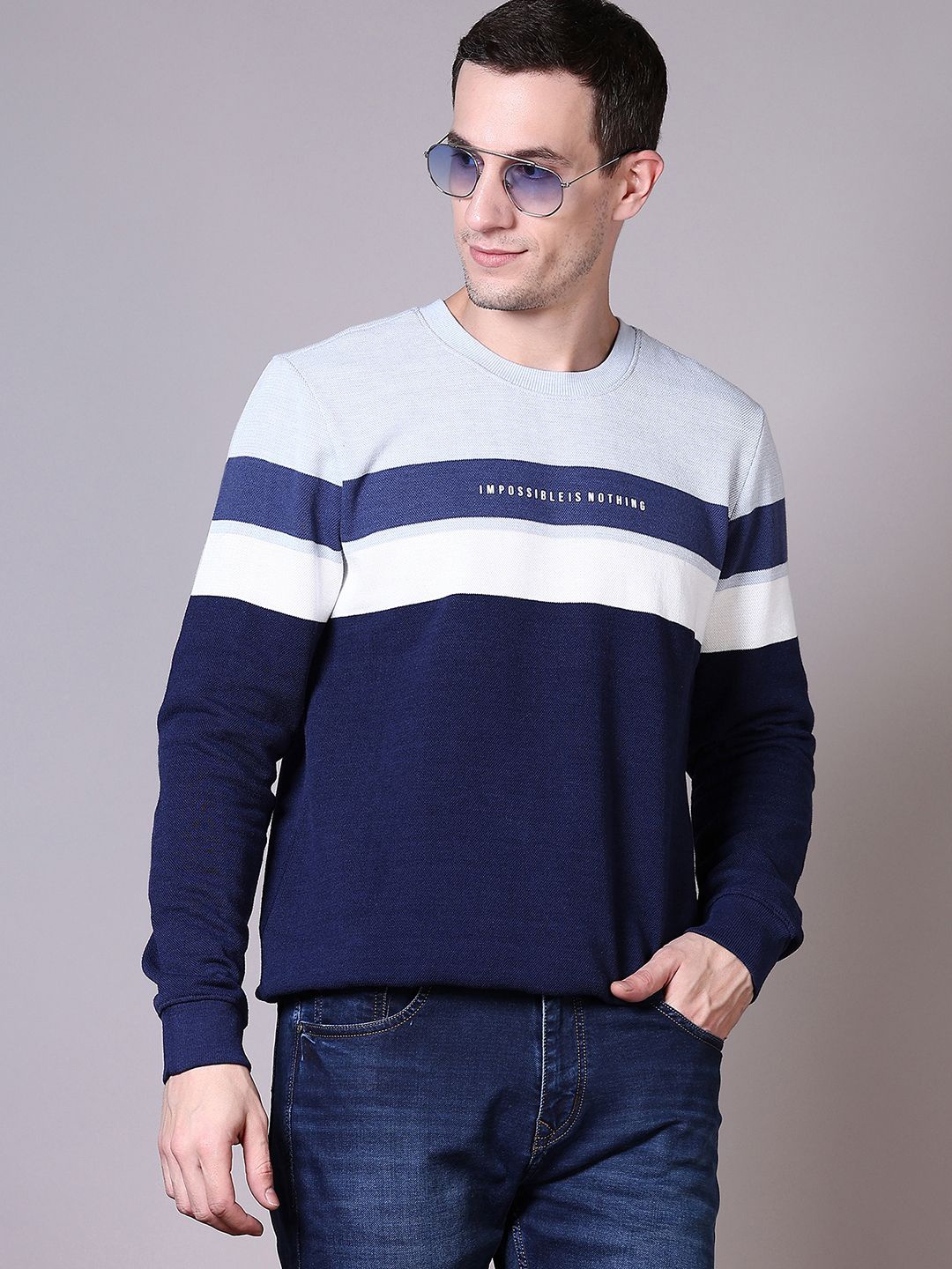 

V-Mart Men Striped Pullover Cotton Sweatshirt, Navy blue