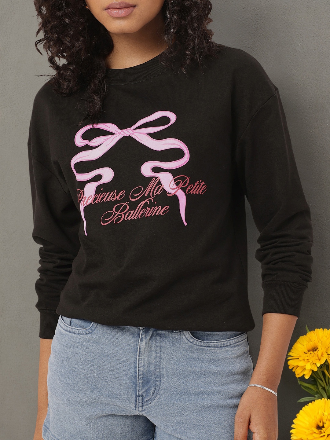 

DressBerry Chic Cool Graphic Printed Cotton Terry Sweatshirt, Black