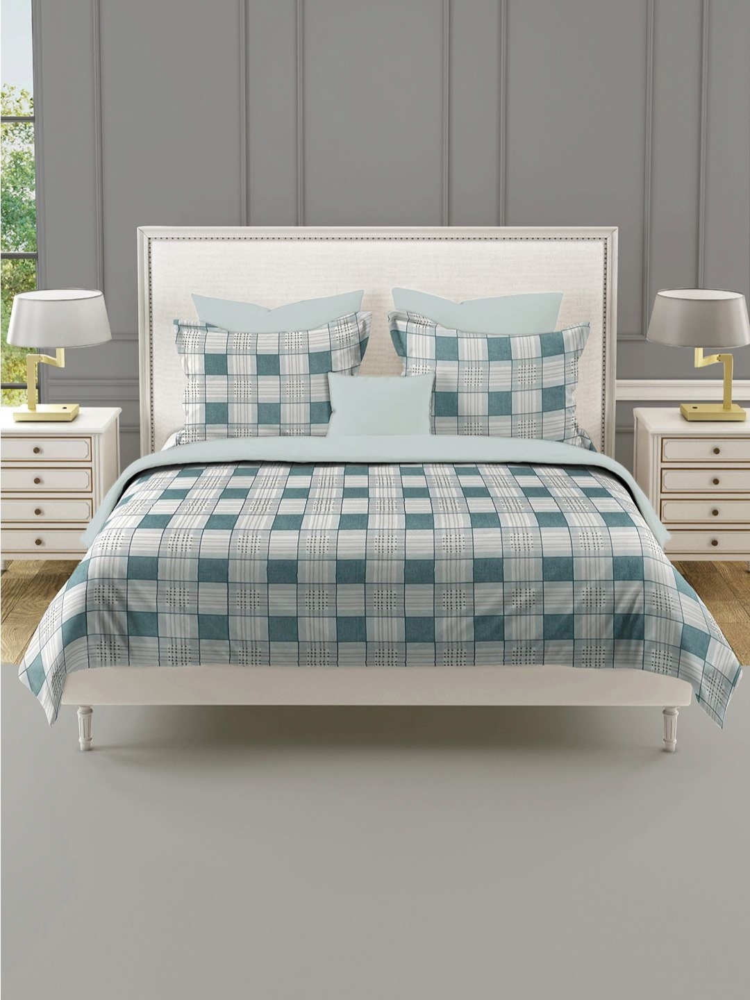 

SWAYAM Ananda Blue & Grey Checked 210 TC Pure Cotton King Bedsheet Set- 2.73 m x 2.73 m