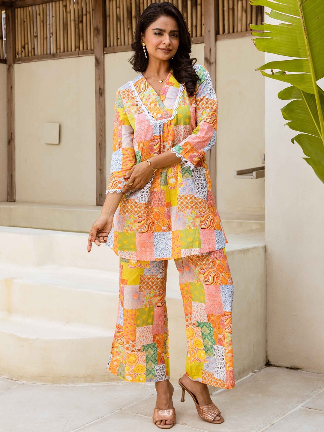 

HUKUM Floral Printed V-Neck Three-Quarter Sleeves Pure Cotton Top With Palazzo, Yellow