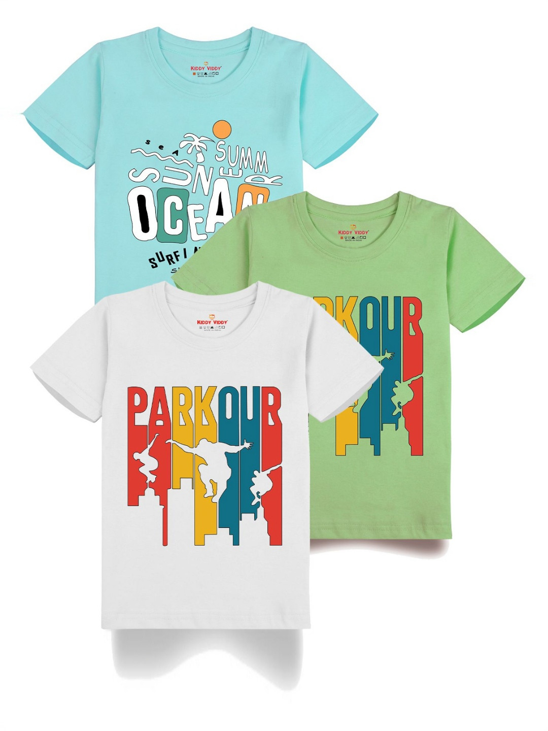 

Kiddy Viddy Boys Pack Of 3 Typography Printed Round Neck Cotton T-shirts, White