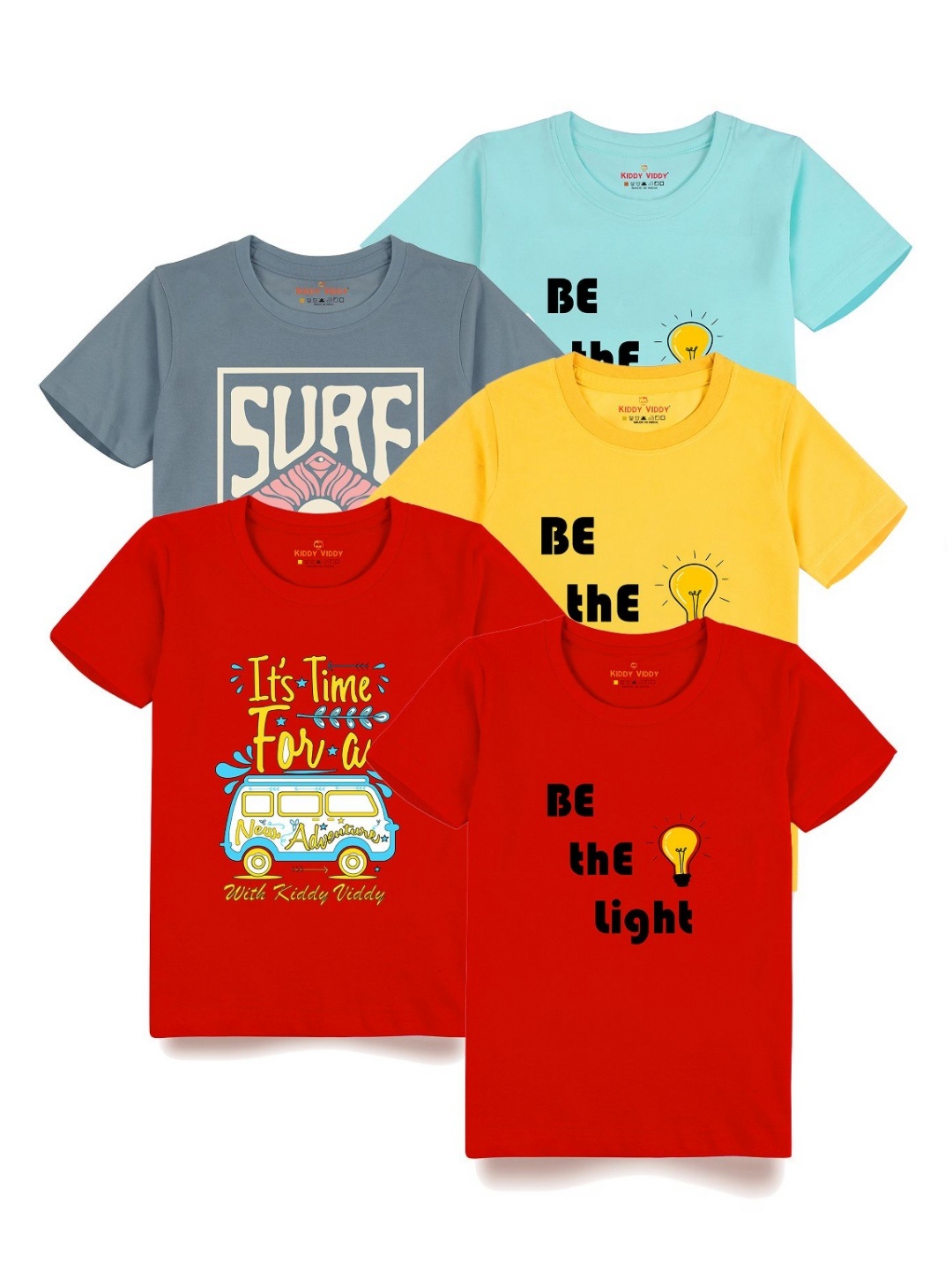 

Kiddy Viddy Boys Pack Of 5 Typography Printed Round Neck Cotton T-shirts, Grey