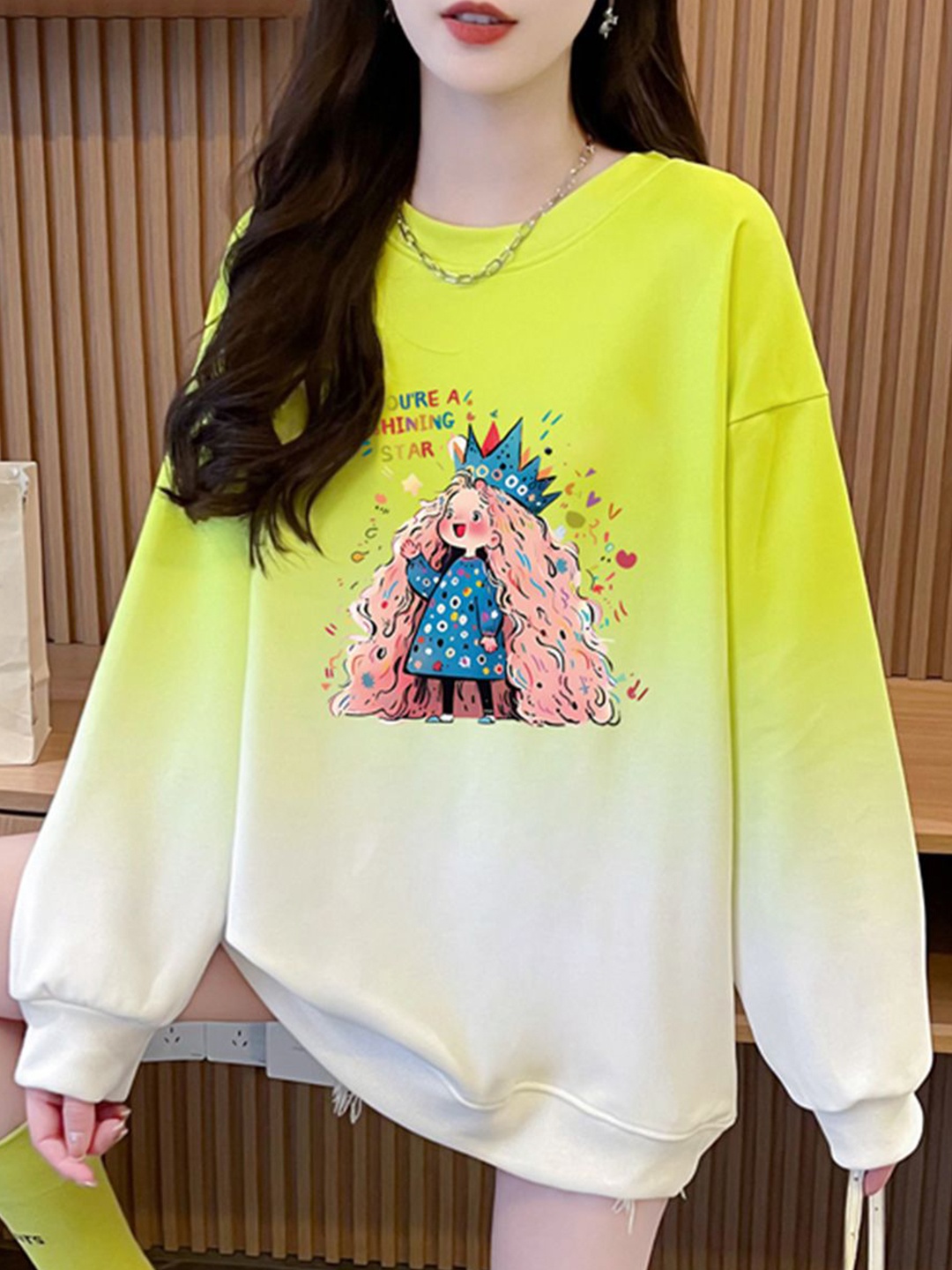 

JC Mode Women Printed Round Neck Sweatshirt, Fluorescent green