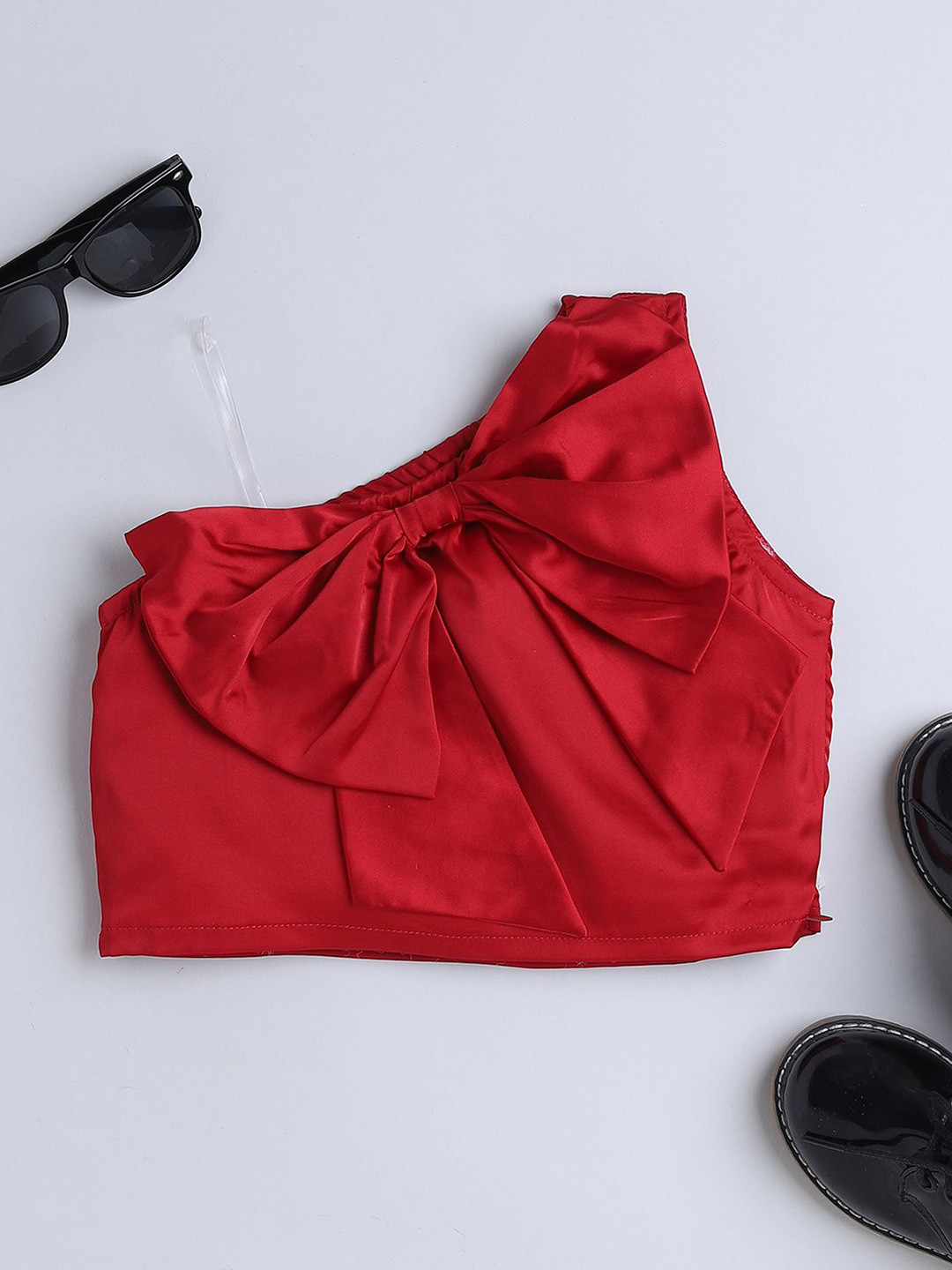 

taffykids Girls Bow Detail One Shoulder Satin Crop Top, Red