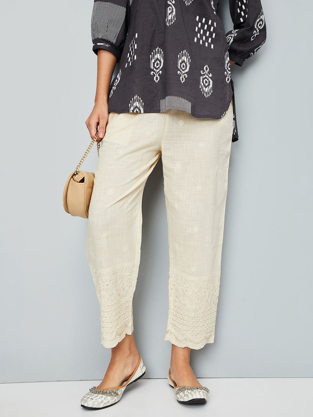 

max Women Embroidered Cotton Palazzos, Beige