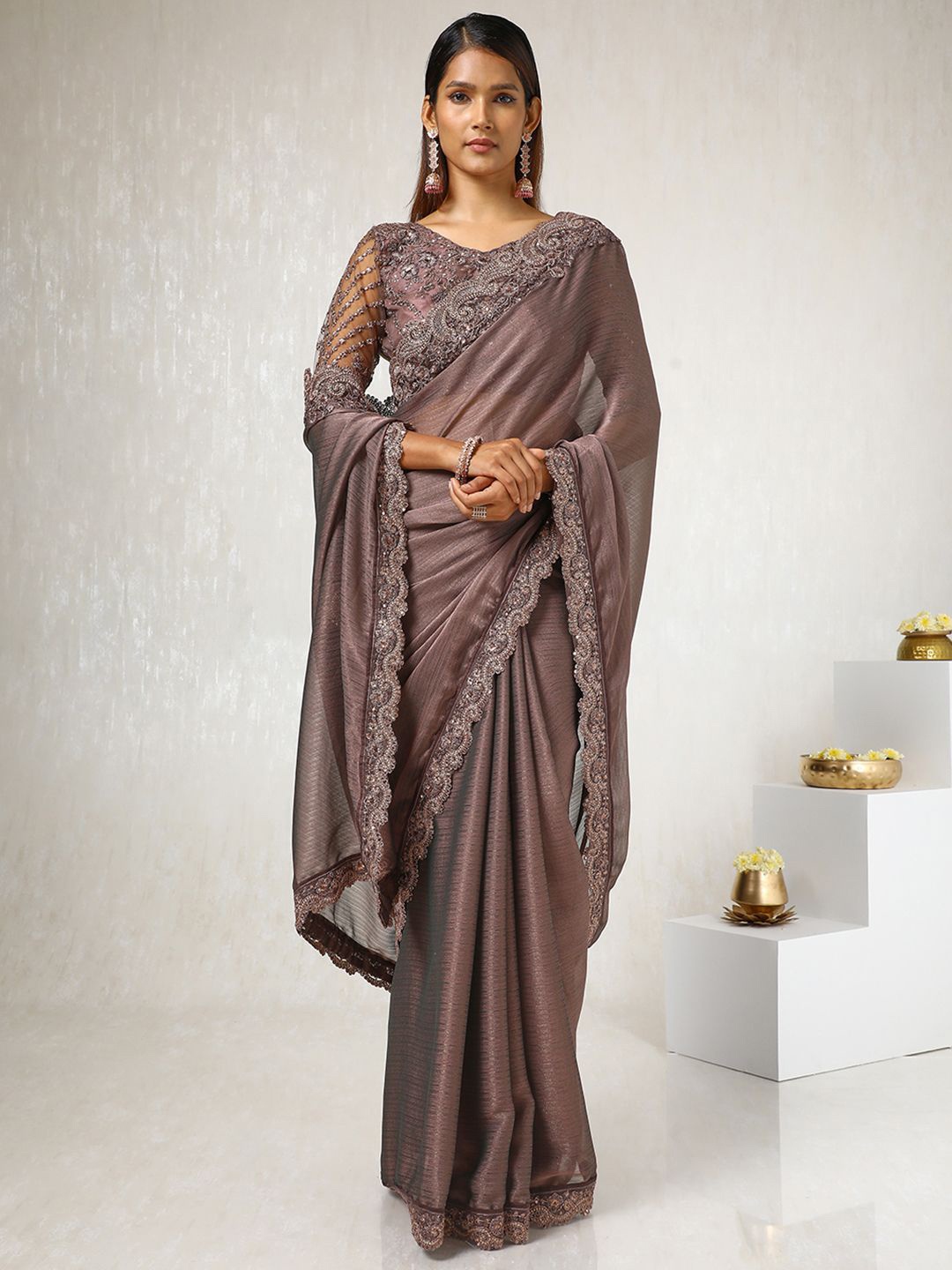 

Soch Embellished Sequinned Pure Chiffon Saree, Brown