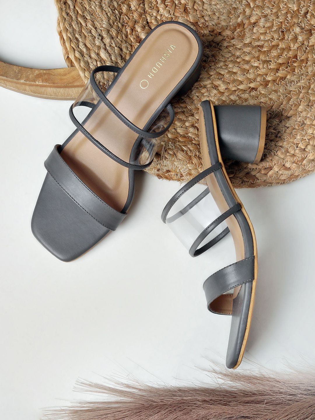 

Vishudh Women Square Toe Block Heel Sandals, Grey