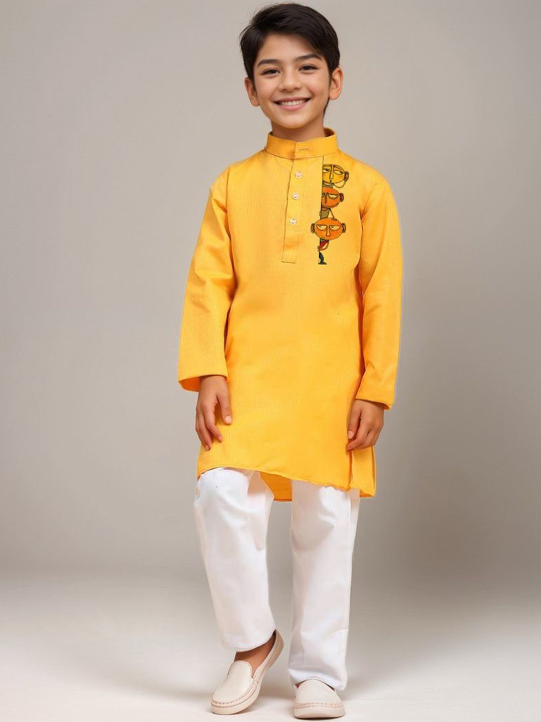 

DEVOILER Boys Abstract Printed Mandarin Collar Cotton Straight Kurta, Yellow