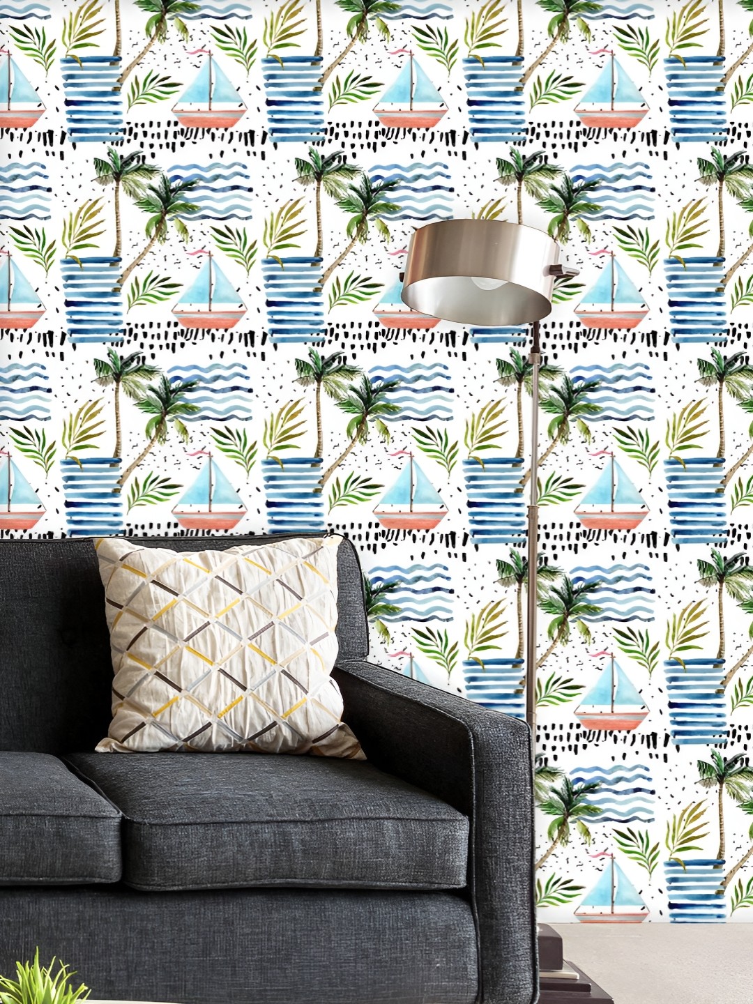 

ArtzFolio Printed UV-Resistant Anti-Bacterial Abstract Summer Sailboat, Leaves Peel & Stick Wallpaper, Multi