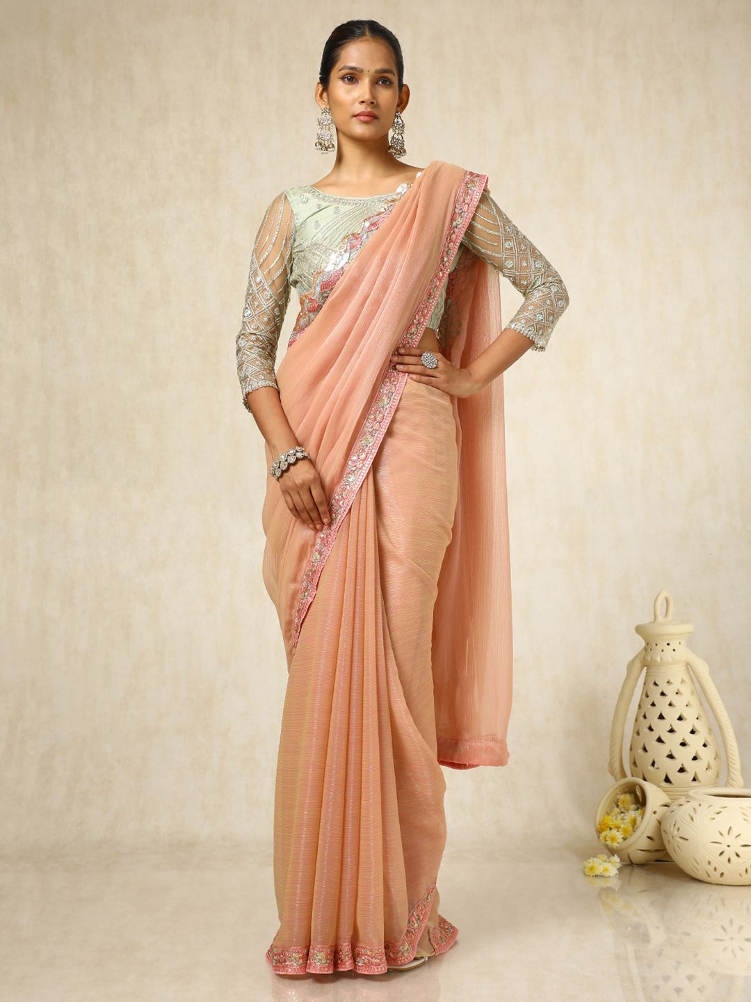 

Soch Striped Sequinned Pure Chiffon Saree, Peach