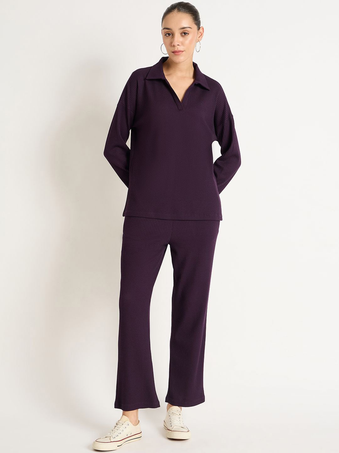 

FEMMELLA Self Design Shirt Collar Top With Trouser, Purple