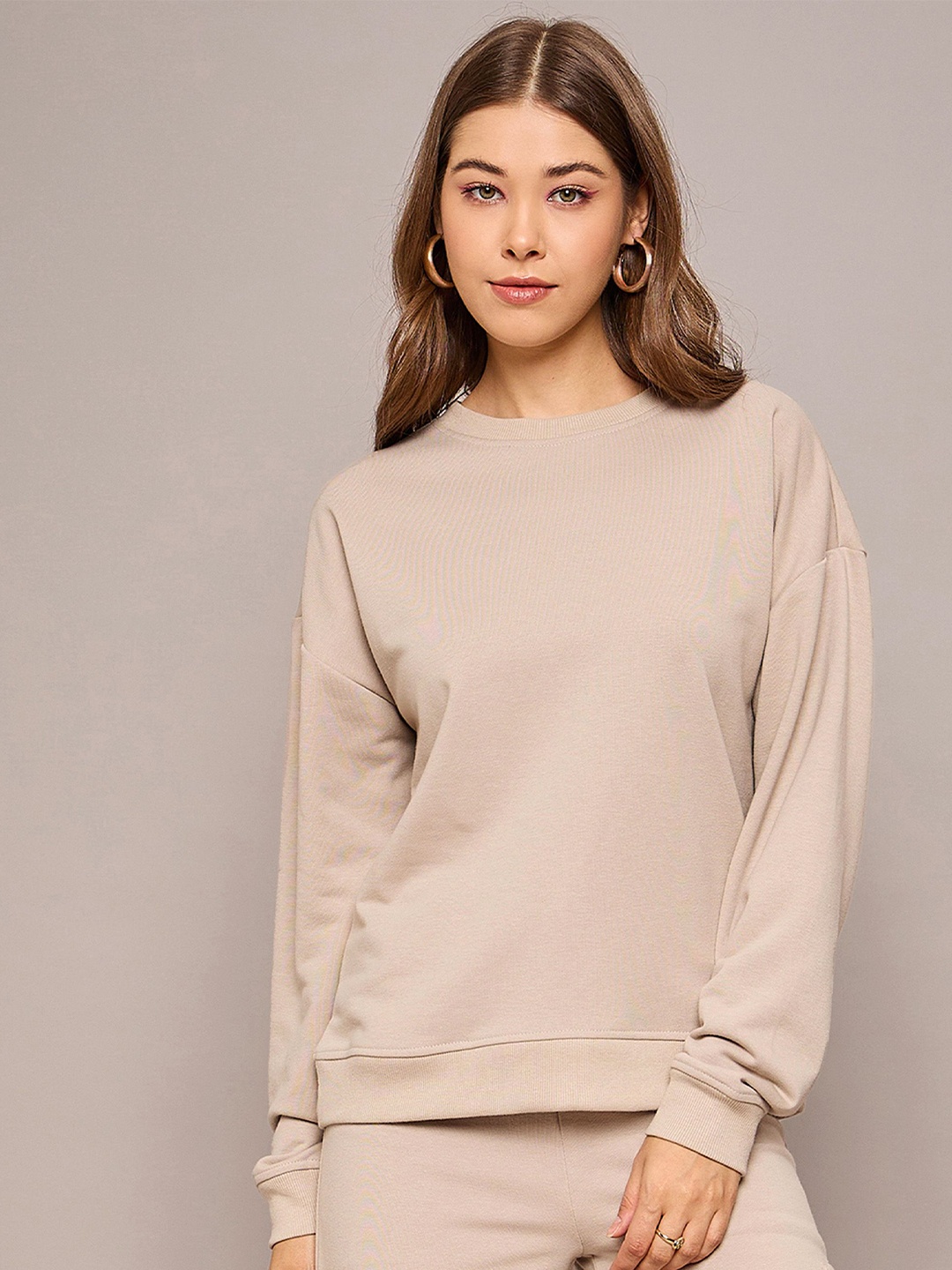 

SASSAFRAS BASICS Women Round Neck Oversized Sweatshirt, Taupe