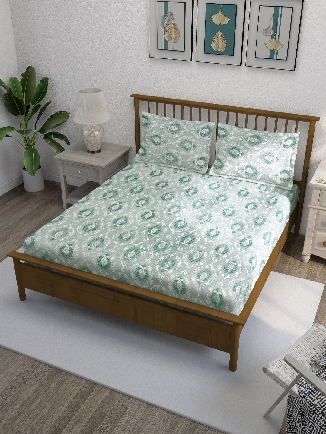 

SWAYAM Ananda Green Printed Pure Cotton 210 TC Fitted Queen Bedsheet Set 1.98 x 1.82m