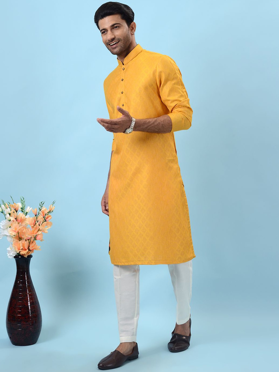 

azania Geometric Woven Design Mandarin Collar Long Sleeves Regular Straight Kurta, Yellow