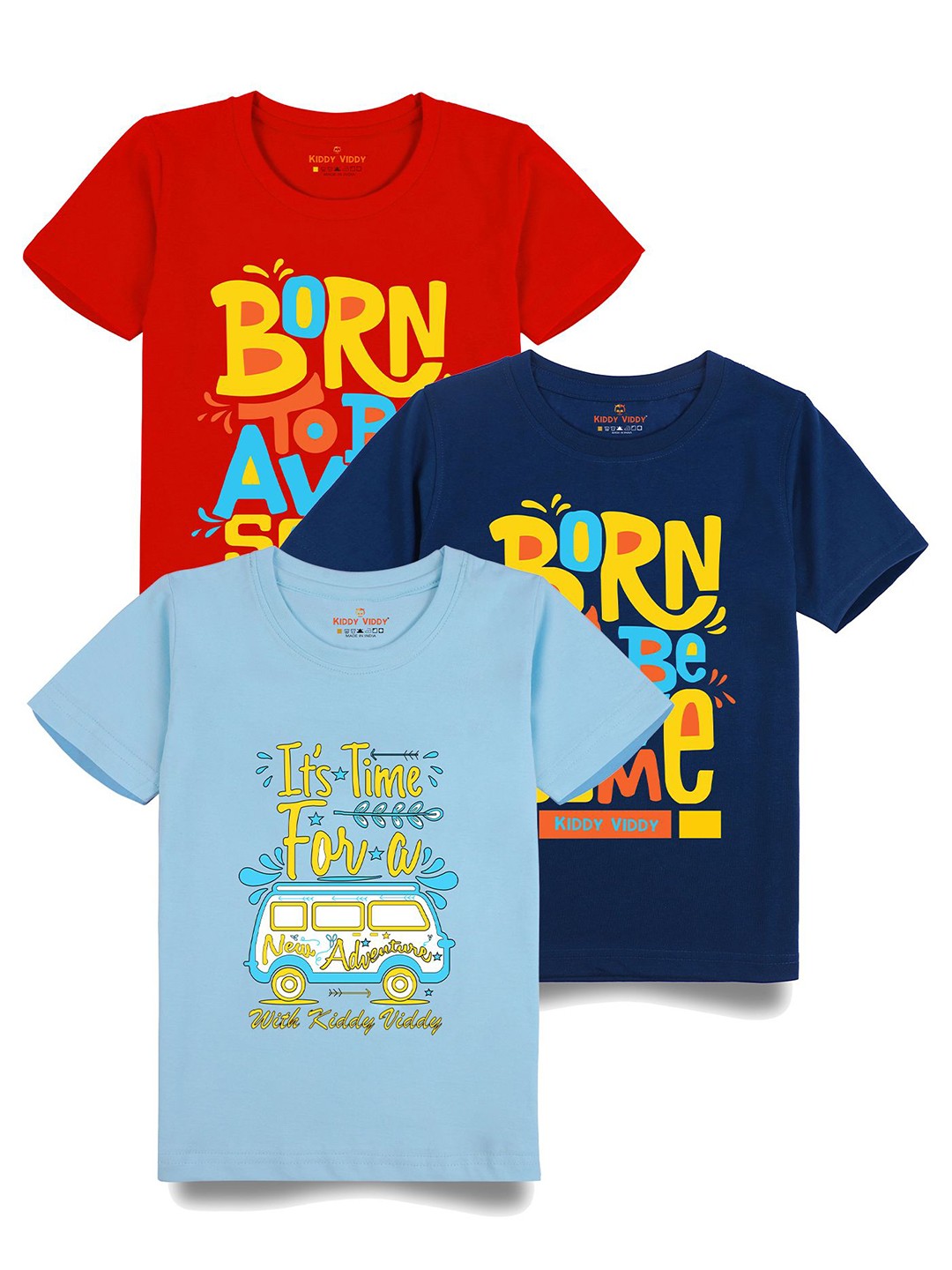 

Kiddy Viddy Boys Pack Of 3 Typography Printed Round Neck Cotton T-shirts, Navy blue
