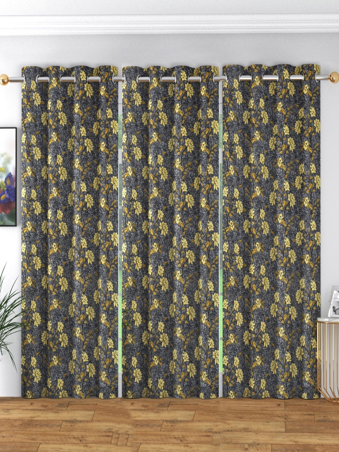 

ANA Grey & Yellow 3 Pieces Floral Room Darkening Door Curtain