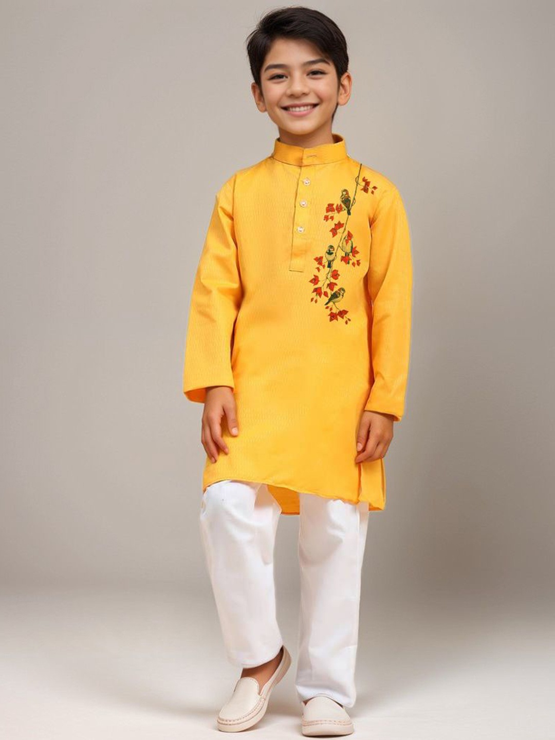 

DEVOILER Boys Floral Printed Mandarin Collar Cotton Straight Kurta, Yellow