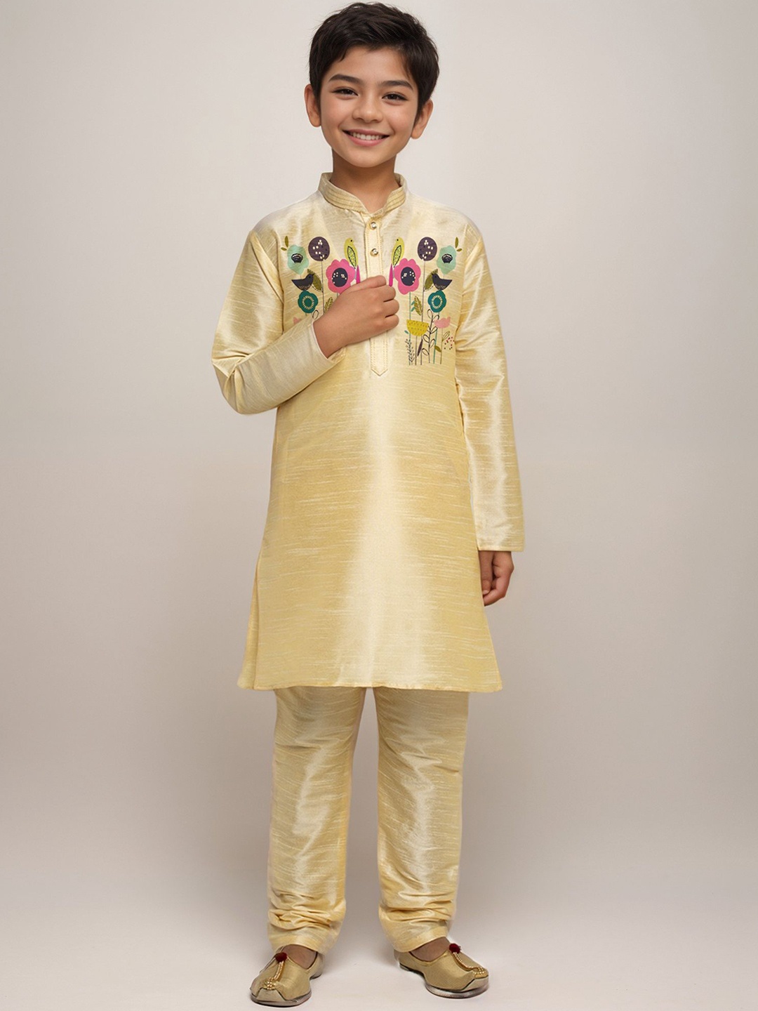 

DEVOILER Boys Floral Printed Straight Kurta, Beige