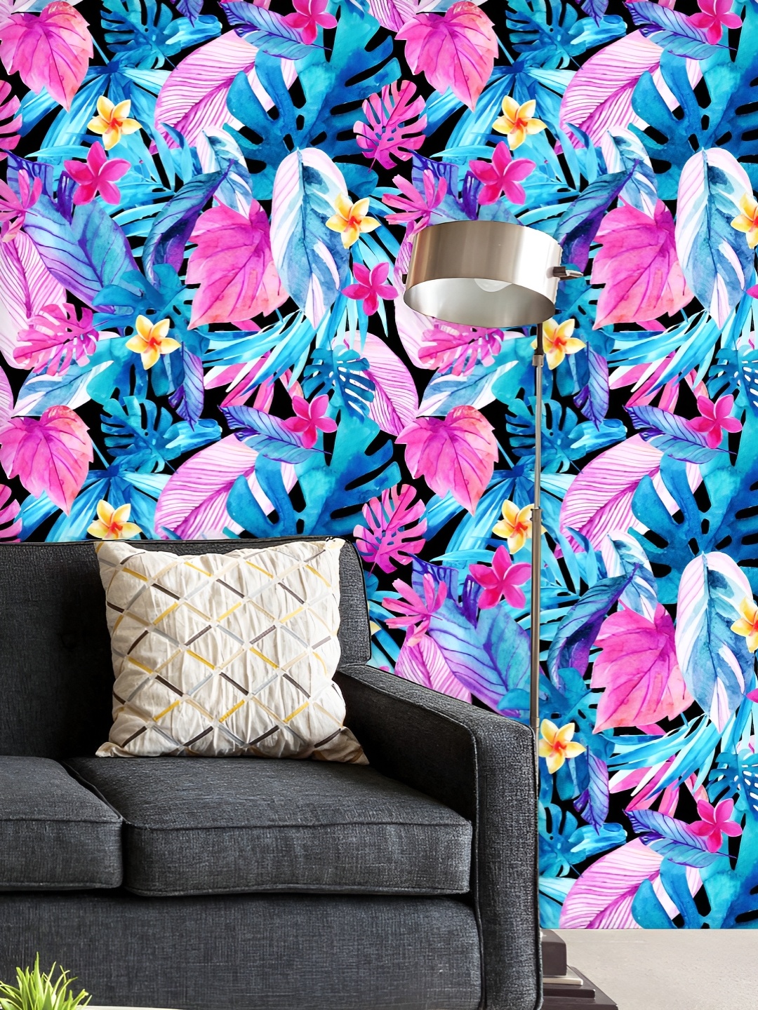 

ArtzFolio Printed UV-Resistant Anti-Bacterial Watercolor Exotic Leaves And Flowers Peel & Stick Wallpaper, Multi