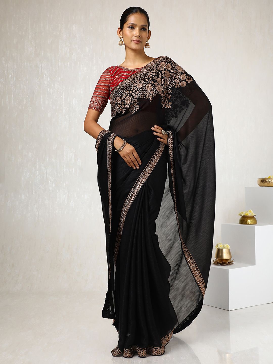 

Soch Floral Embroidered Pure Chiffon Saree, Black