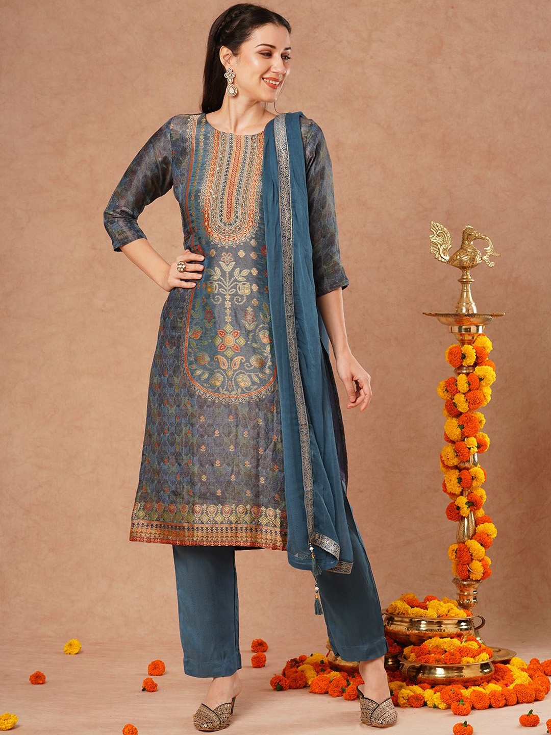 

FASHOR Teal Blue Floral Woven Design Mirror Work Straight Kurta with Trouser & Dupatta