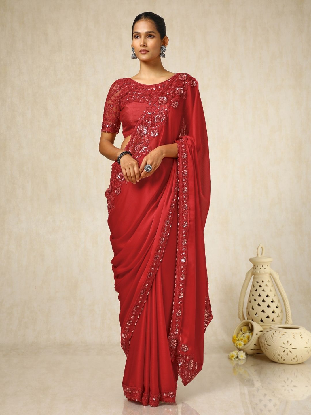 

Soch Women Embellished Sequinned Pure Chiffon Saree, Red