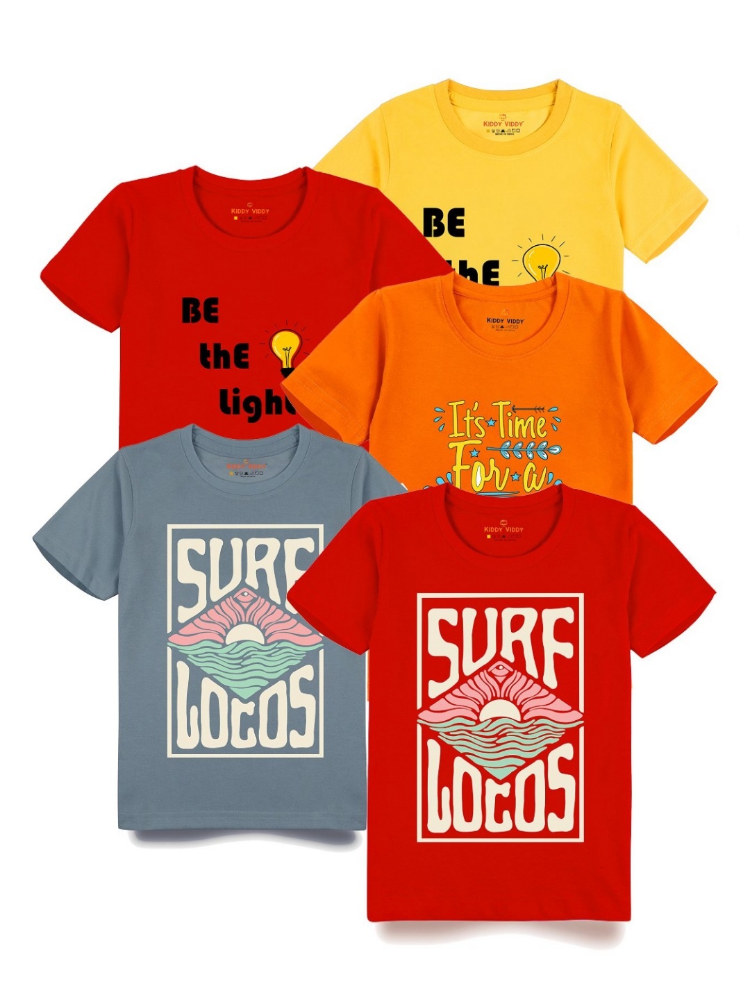 

Kiddy Viddy Boys Pack Of 5 Typography Printed Round Neck Cotton T-shirts, Red