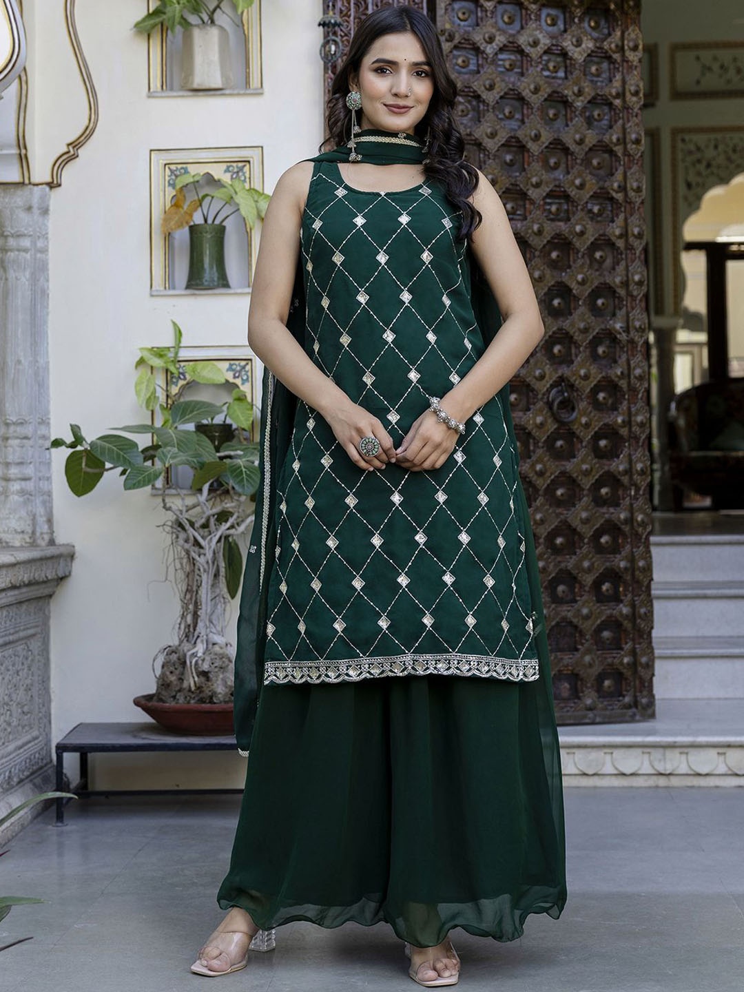 

Nayo Green Ethnic Motifs Embroidered Sequined Kurta With Palazzos & Dupatta