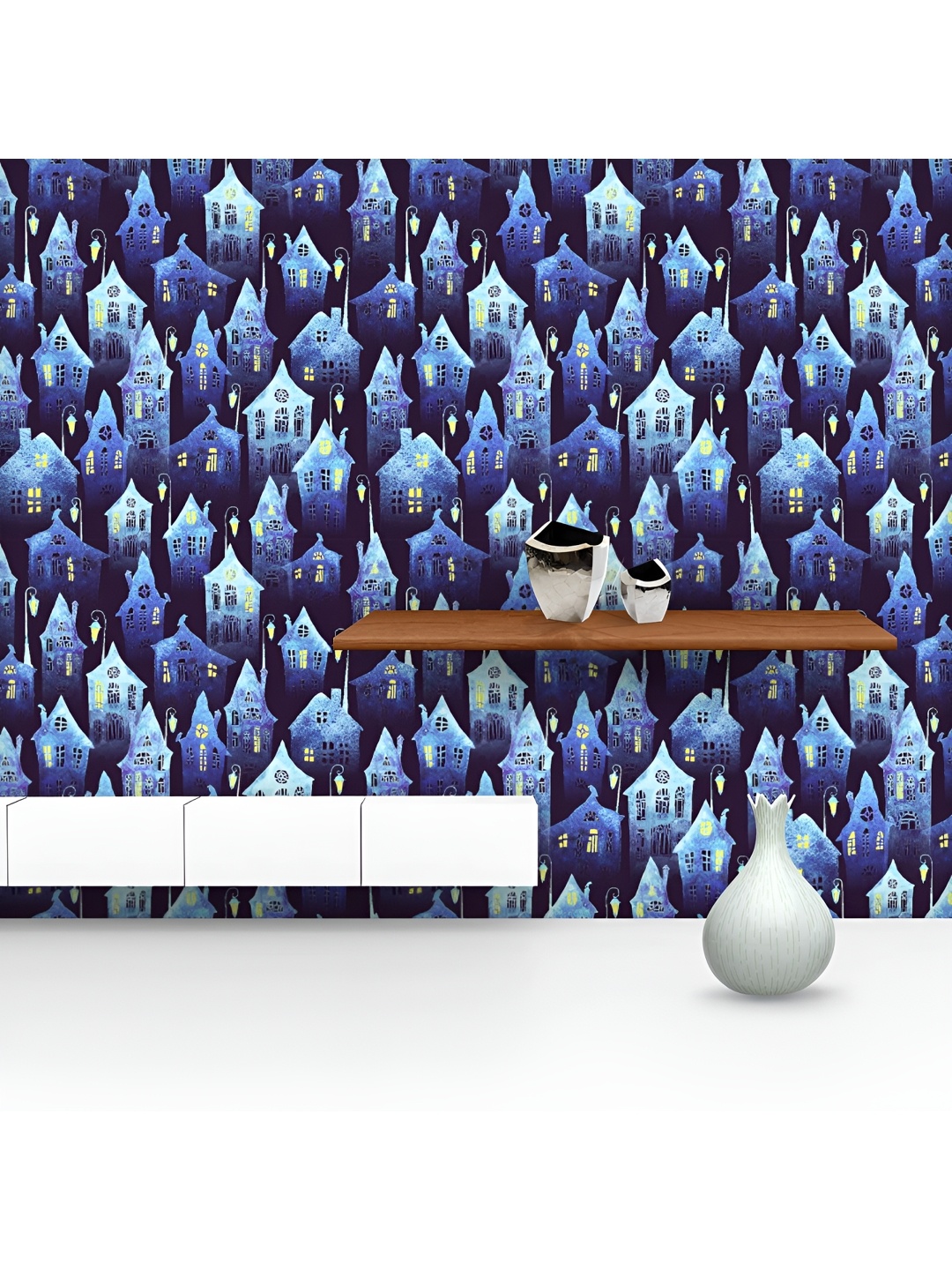 

ArtzFolio Printed UV-Resistant Anti-Bacterial Crooked Houses With Lit Windows Peel & Stick Wallpaper, Multi