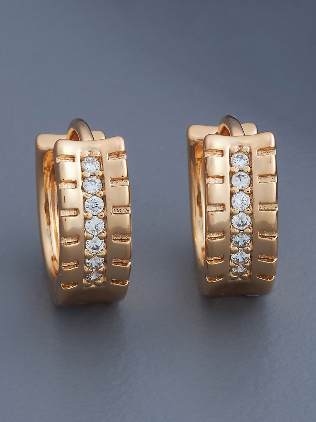 

Kushal's Fashion Jewellery Rose Gold-Plated Zircon Stone Studded Hoop Earrings