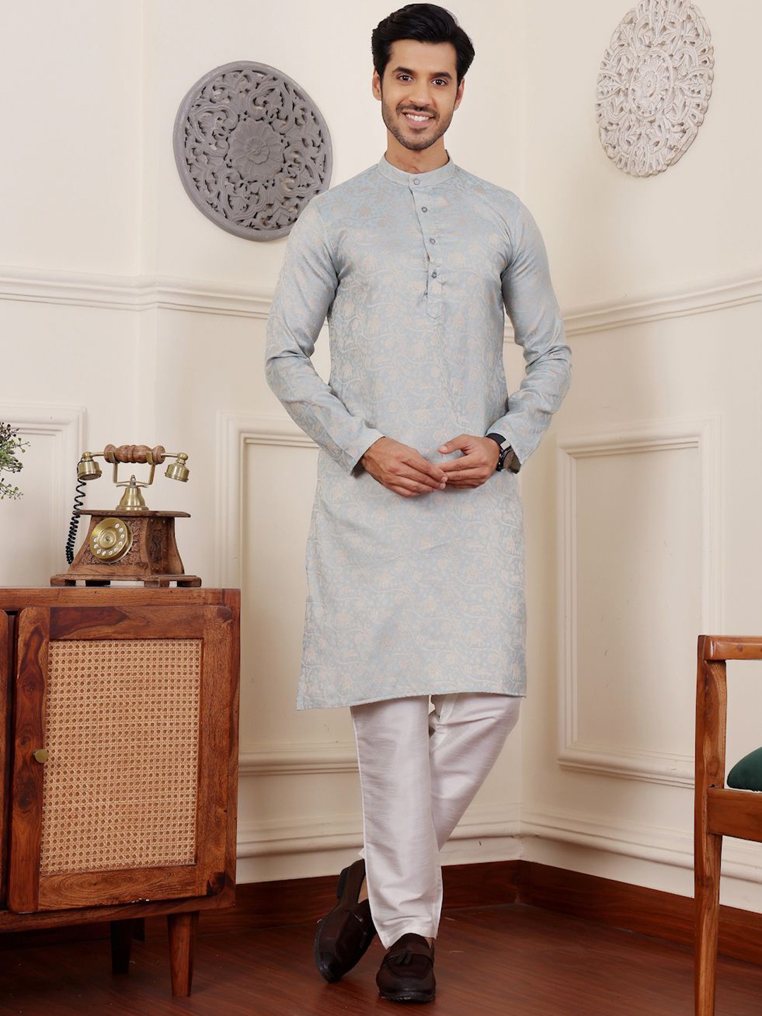 

Rawayi Ethnic Motifs Woven Design Band Collar Jacquard Straight Kurta, Blue
