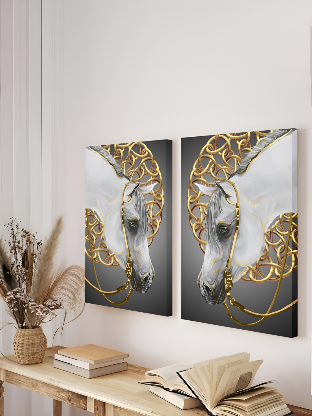 

Art Street White & Grey 2 Pieces Canvas Bridle Horse Painting Wall Arts