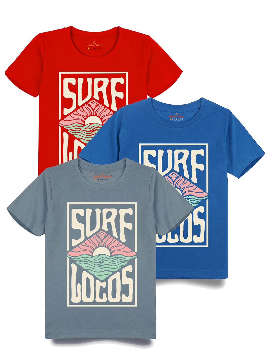 

Kiddy Viddy Boys Pack Of 3 Typography Printed Round Neck Cotton T-shirts, Red